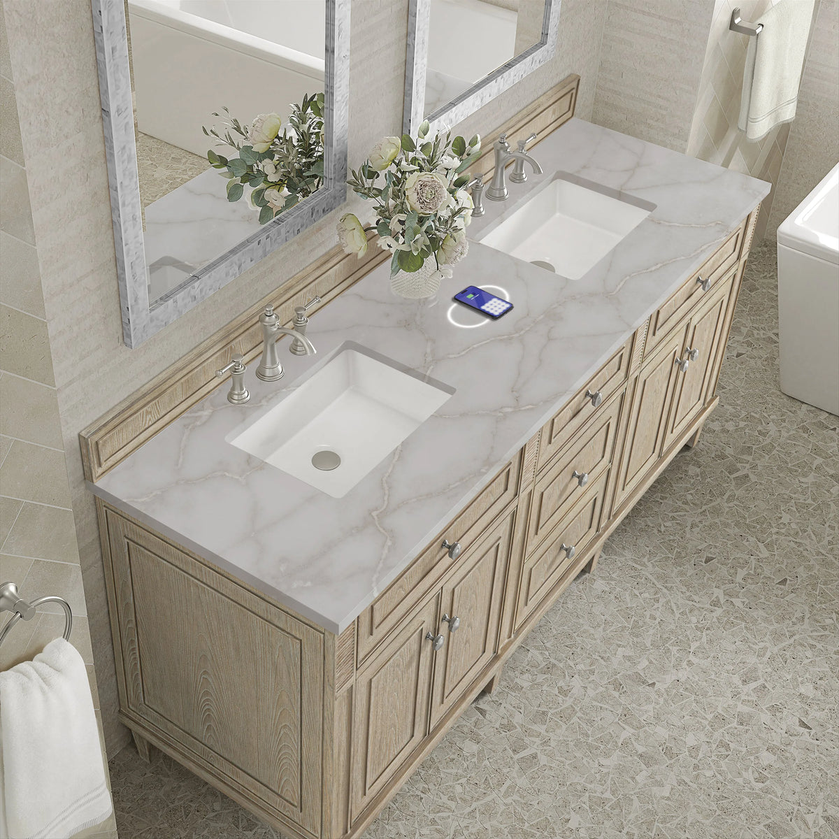 Lorelai 72" Double Vanity, Whitewashed Oak w/ 3 CM Victorian Silver Silestone Top w/FreePower Wireless Charger