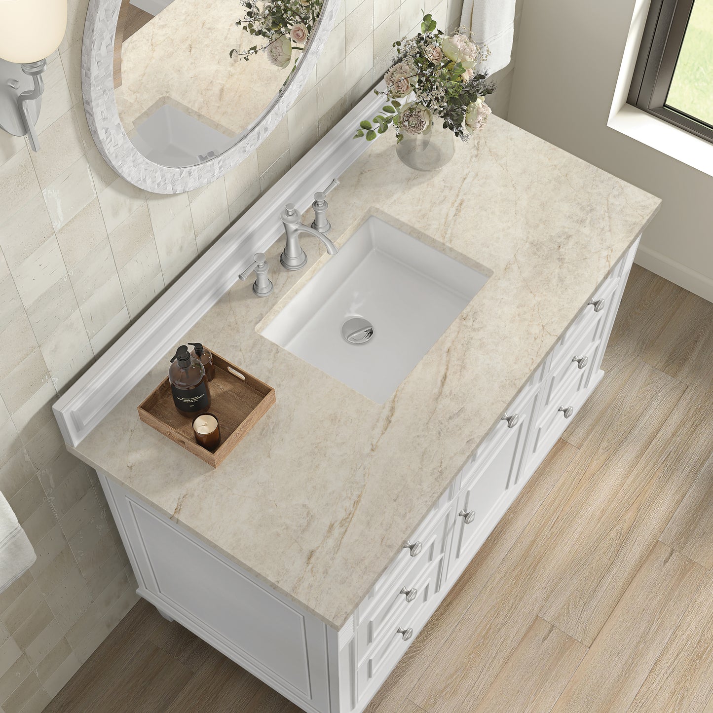 Renovate for Less Atlanta Lorelai 48" Single Vanity, Bright White, w/ 3 CM Tajnar Eclos Top