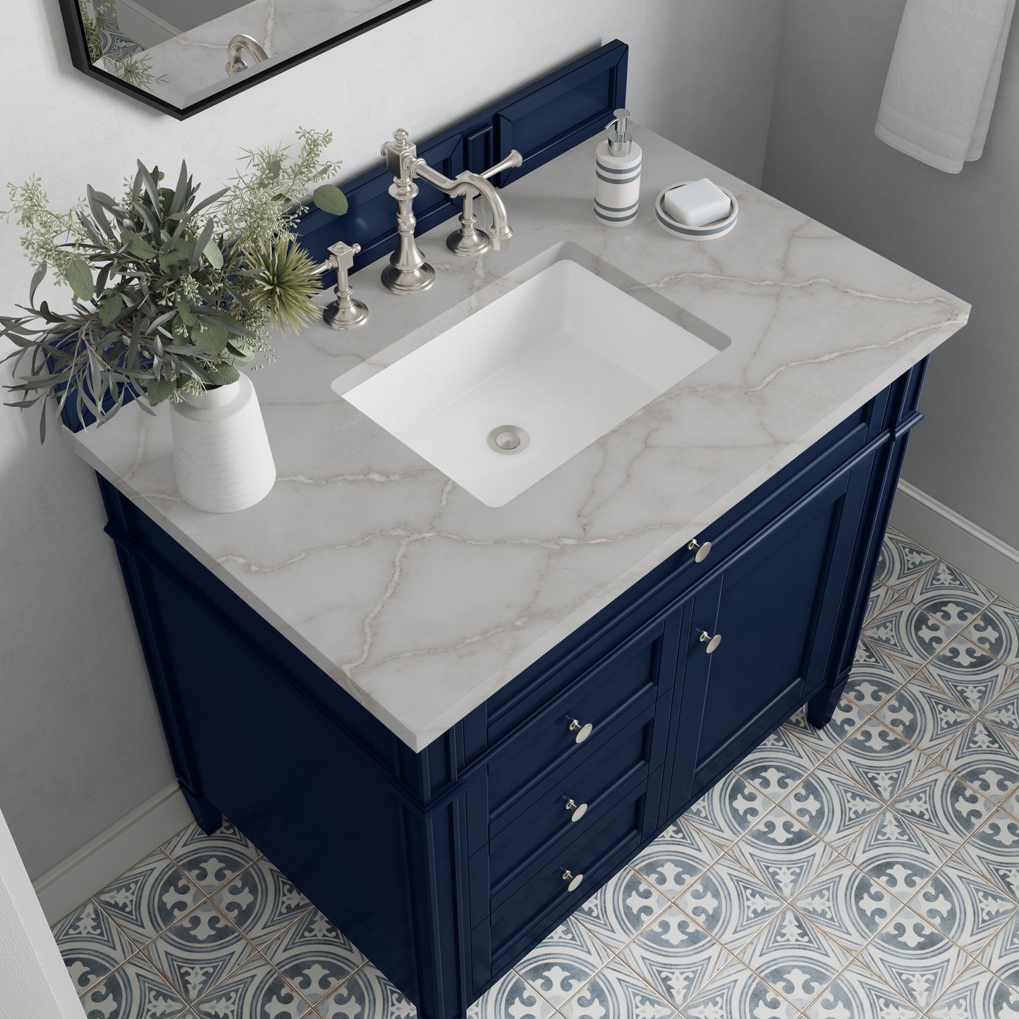 Renovate for Less Atlanta Brittany 36" Single Vanity, Victory Bleu w/ 3 CM Victorian Silver Silestone Top
