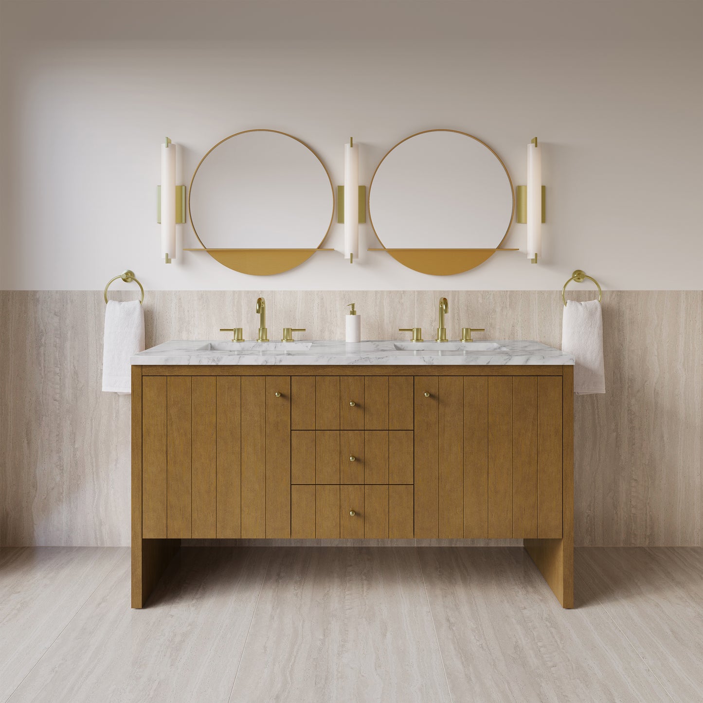 Renovate for Less Atlanta Hudson 60" Double Vanity, Honey Oak w/ 3 CM Carrara Marble Top
