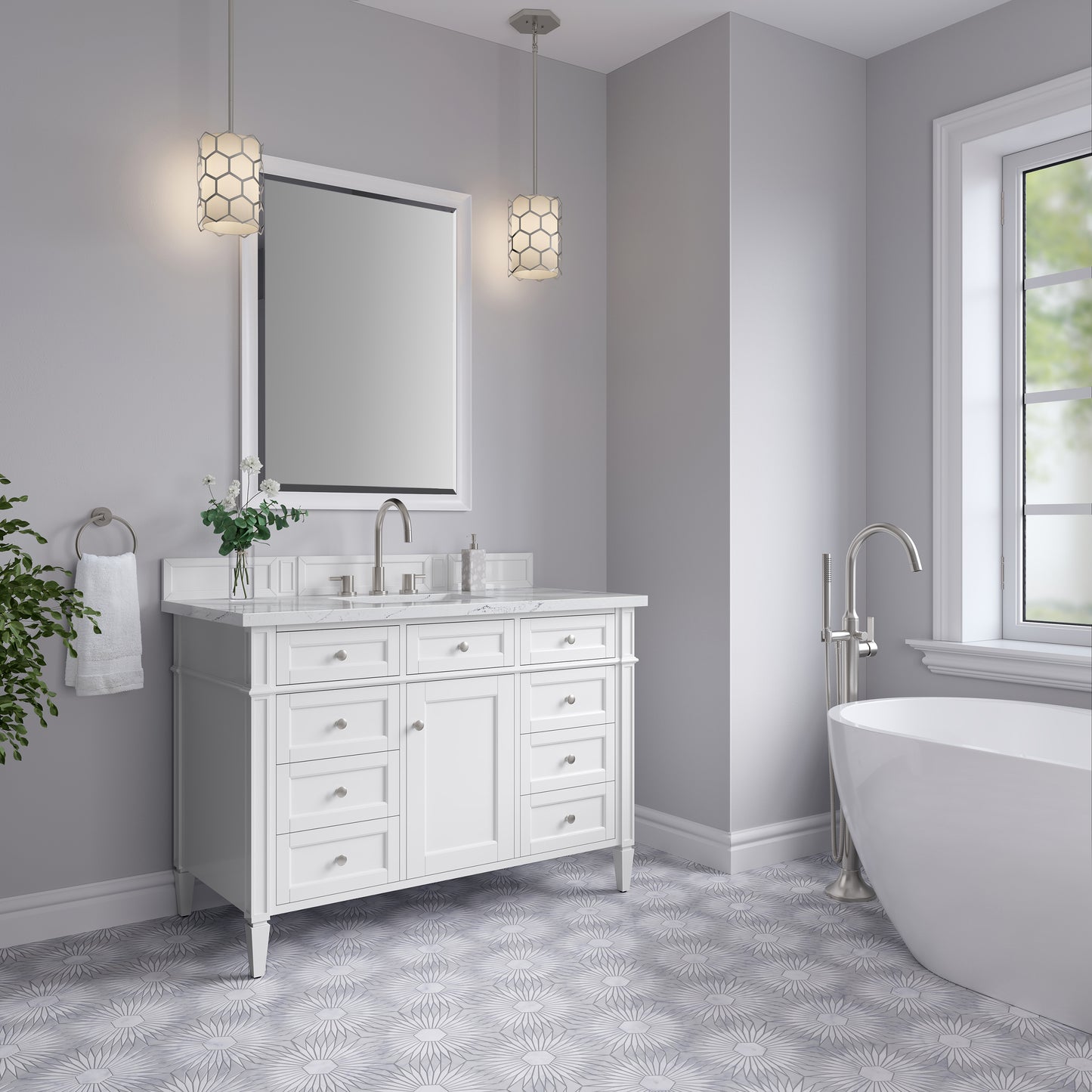 Renovate for Less Atlanta Brittany 48" Single Vanity, Bright White w/ 3 CM Ethereal Noctis Silestone Top