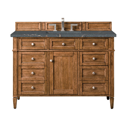 Renovate for Less Atlanta Brittany 48" Single Vanity, Saddle Brown w/ 3 CM Parisien Bleu Silestone Top w/FreePower Wireless Charger