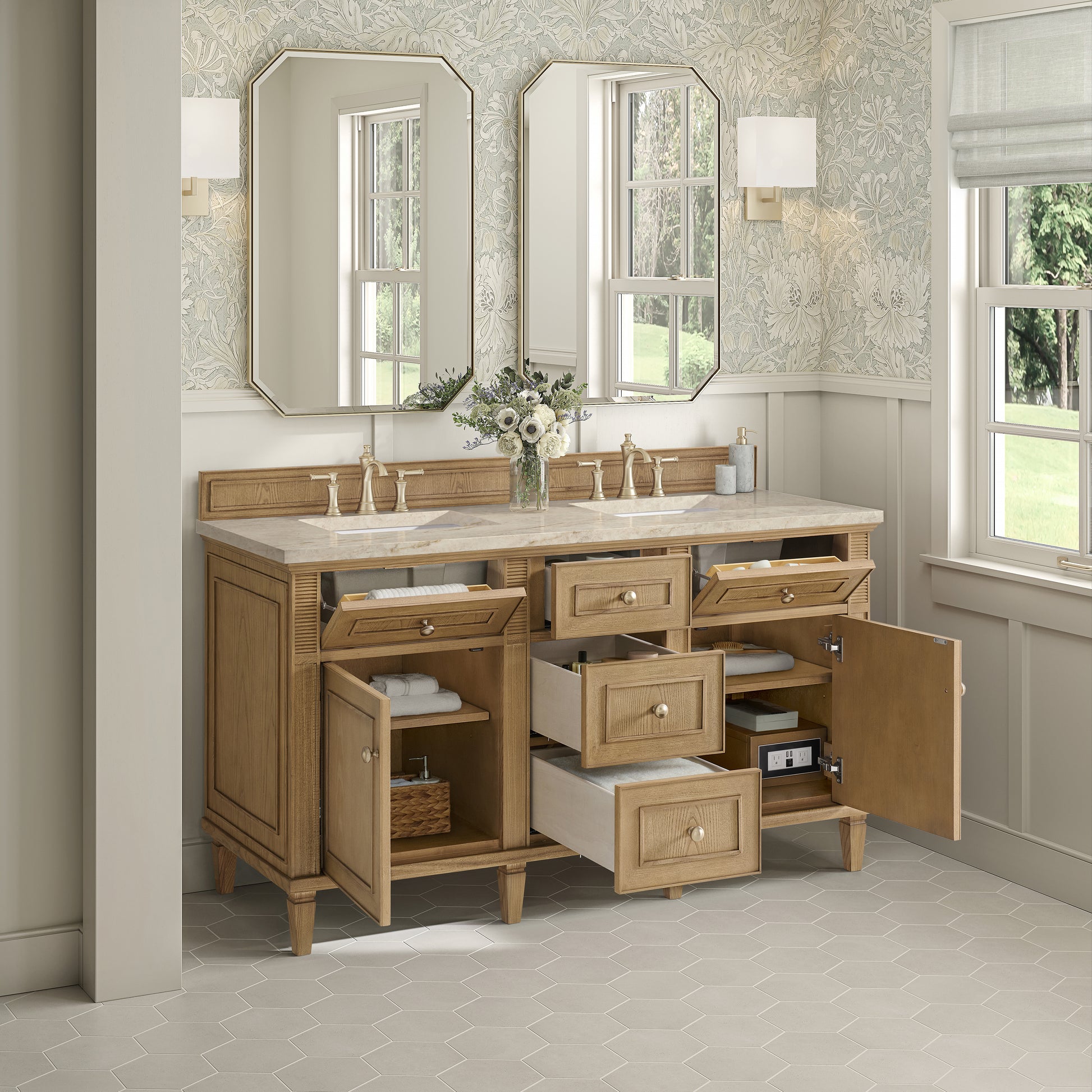 Renovate for Less Atlanta Lorelai 60" Double Vanity, Light Natural Oak, w/ 3 CM Tajnar Eclos Top w/FreePower Wireless Charger