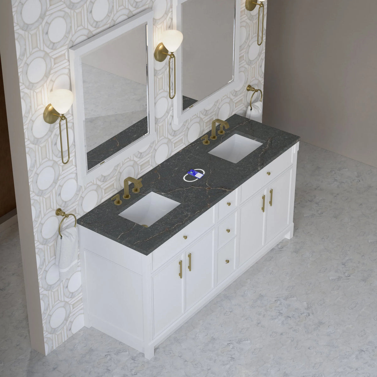 Bellshire 72" Double Vanity, Bright White w/ 3 CM Parisien Bleu Silestone Top w/FreePower Wireless Charger