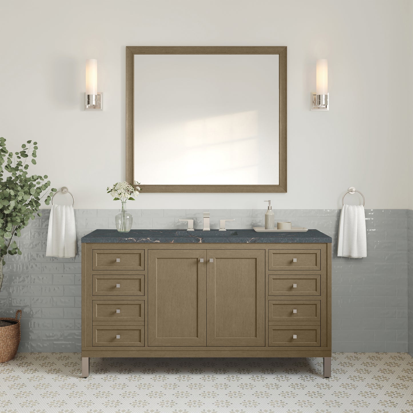 Renovate for Less Atlanta Chicago 60" Single Vanity, Walnut Whisper, w/ 3 CM Parisien Bleu Silestone® Top