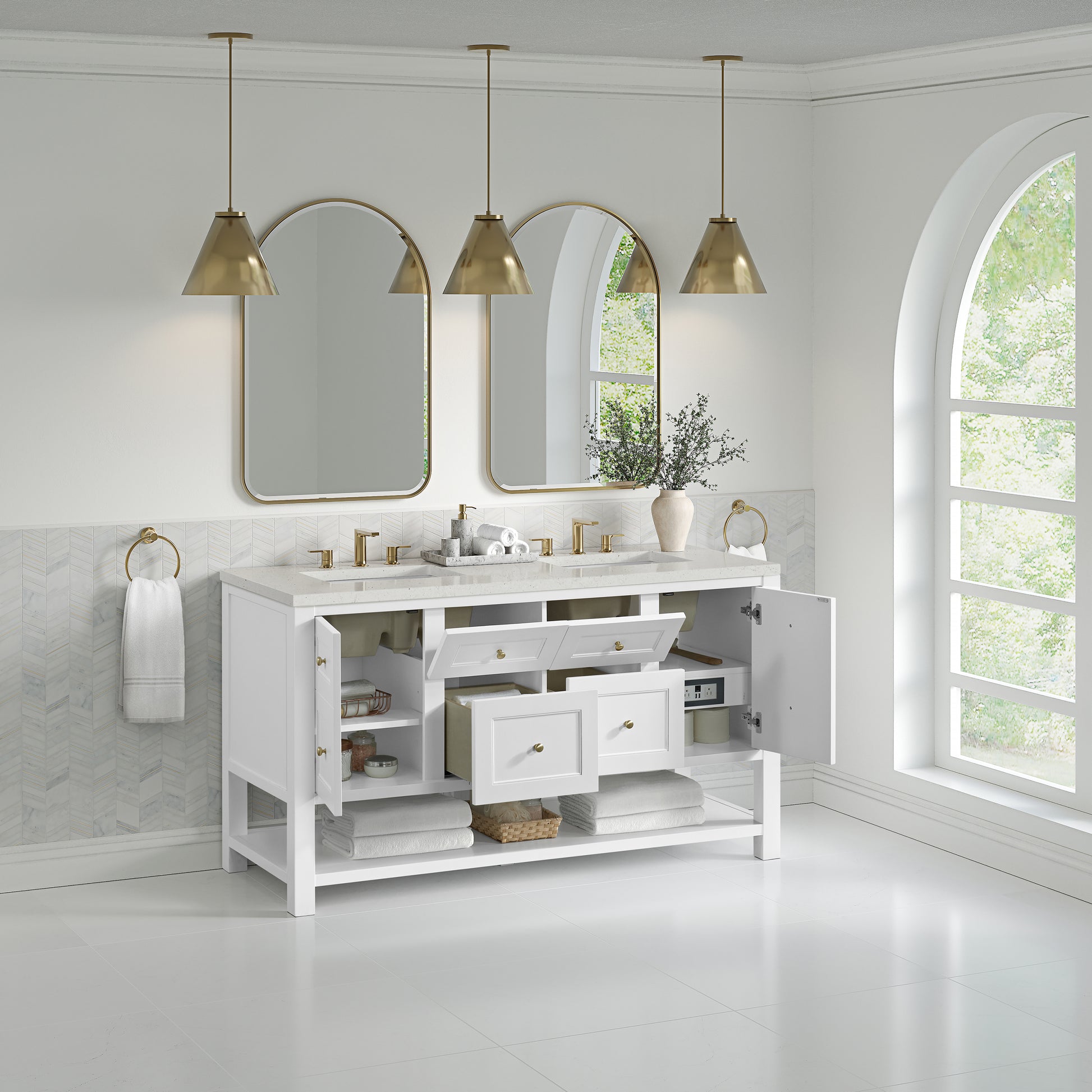 Renovate for Less Atlanta Breckenridge 60" Double Vanity, Bright White, w/ 3 CM Lime Delight Quartz Top
