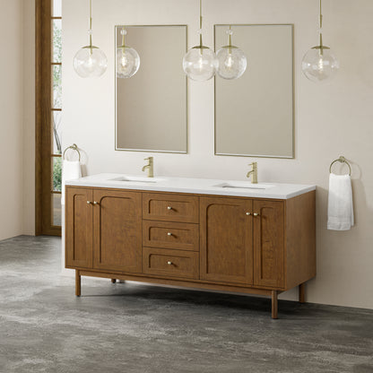 Renovate for Less Atlanta Laurent 72" Double Vanity, Honey Oak w/ Single Hole 3 CM White Zeus Silestone Top and Matching Backsplash