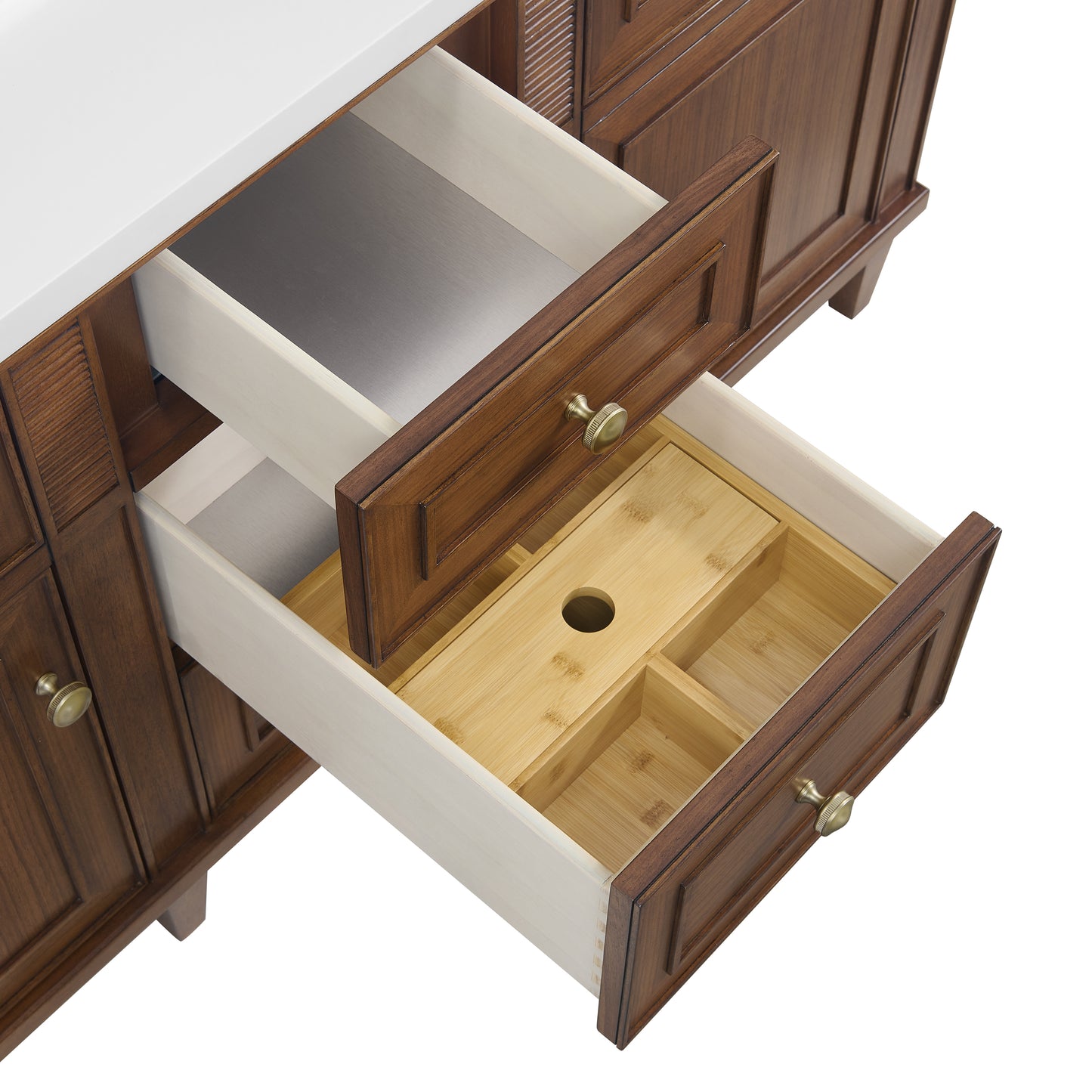 Renovate for Less Atlanta Lorelai 60" Double Vanity, Mid-Century Walnut w/ 3 CM Parisien Bleu Silestone Top w/FreePower Wireless Charger