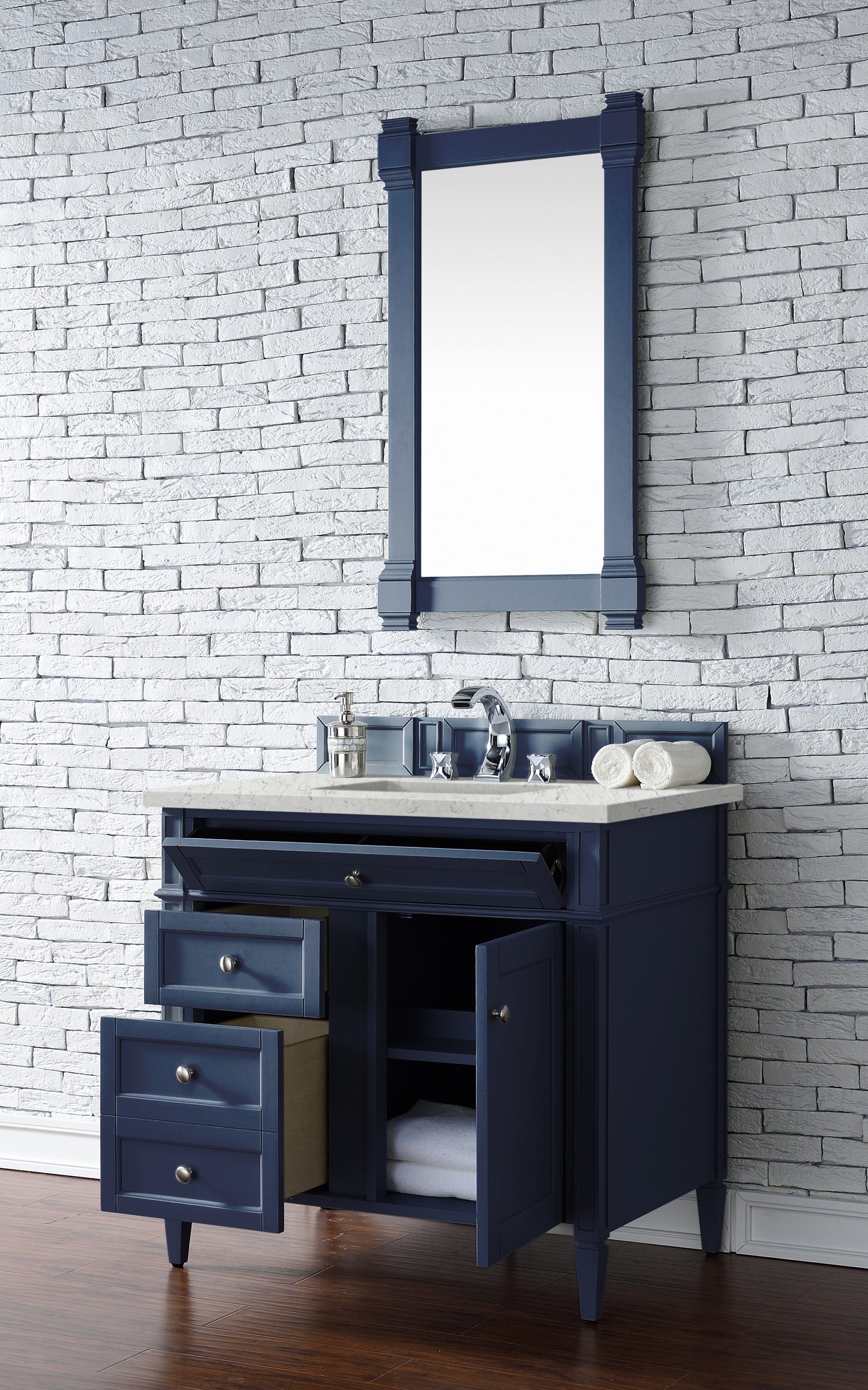 Renovate for Less Atlanta Brittany 36" Single Vanity, Victory Blue w/ 3 CM Eternal Jasmine Pearl Silestone Top