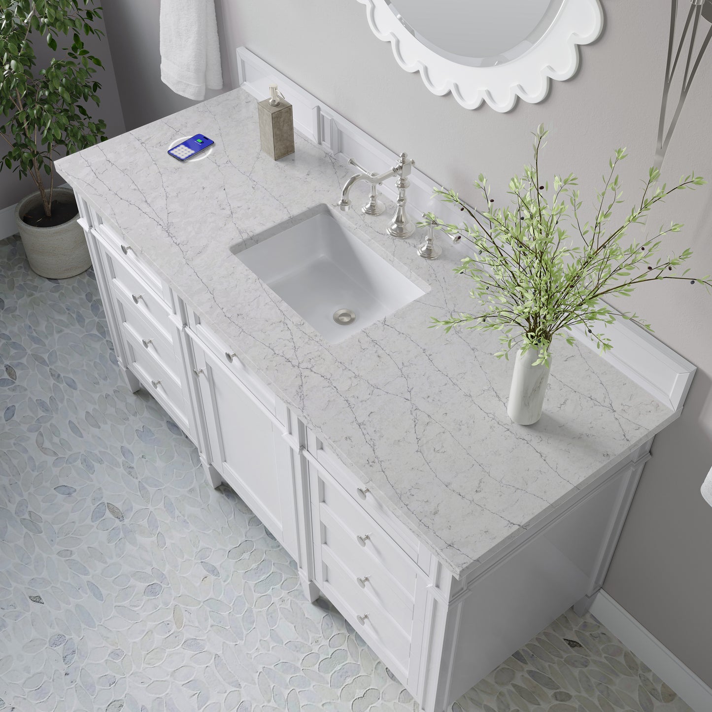Renovate for Less Atlanta Brittany 60" Single Vanity, Bright White w/ 3 CM Eternal Jasmine Pearl Silestone Top w/FreePower Wireless Charger