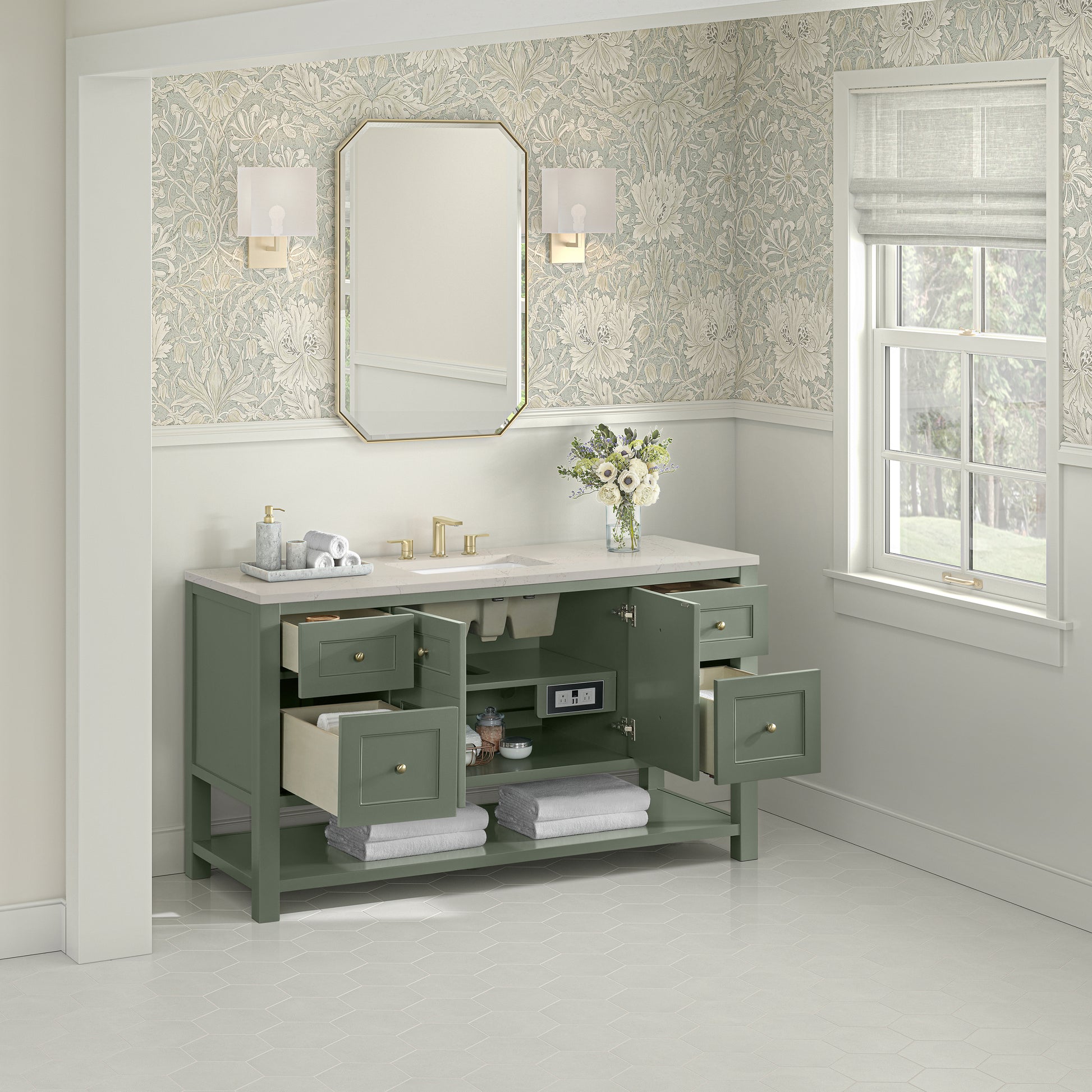 Renovate for Less Atlanta Breckenridge 60" Single Vanity, Smokey Celadon, w/ 3 CM Siberian Silestone Top w/FreePower Wireless Charger
