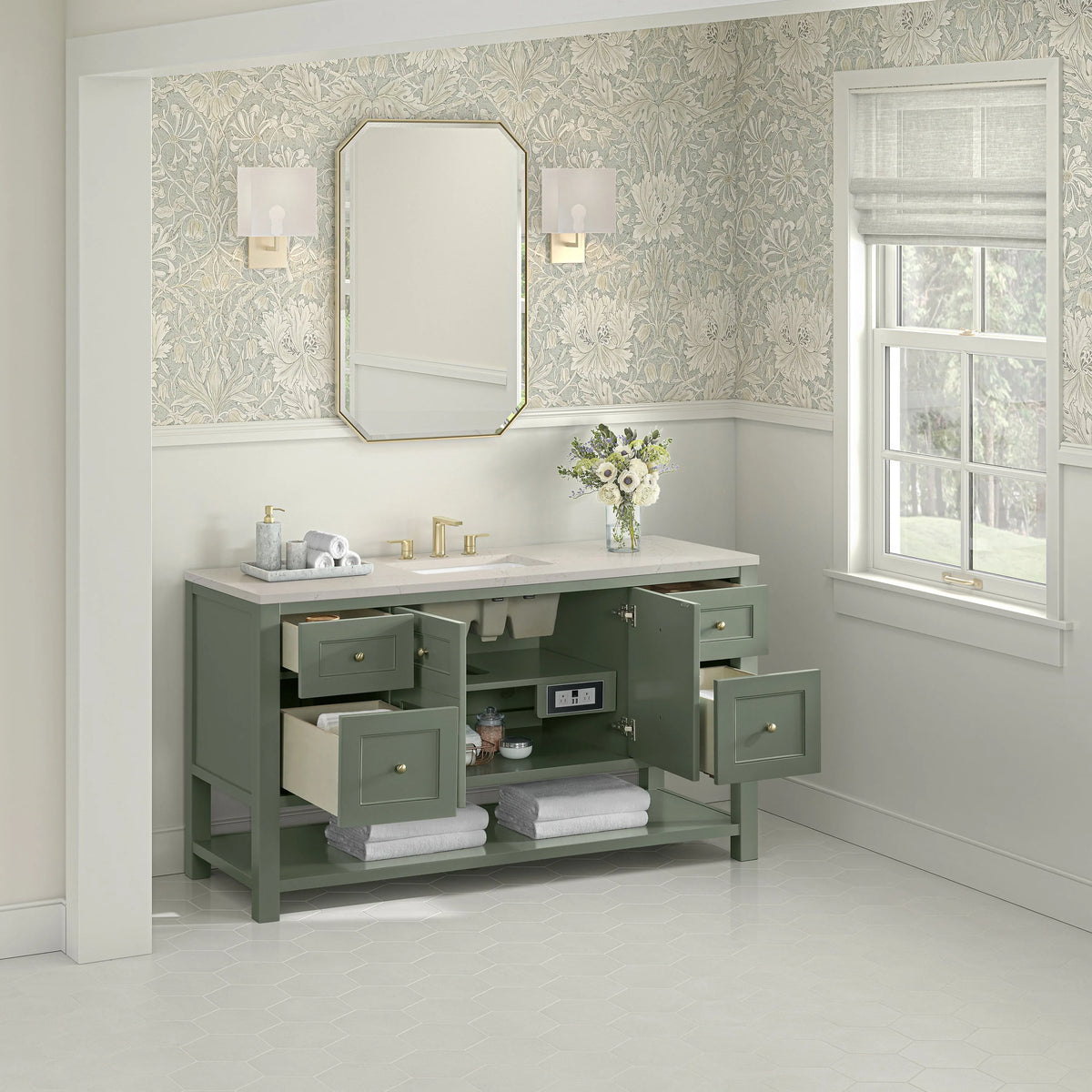Breckenridge 60" Single Vanity, Smokey Celadon, w/ 3 CM Siberian Silestone Top w/FreePower Wireless Charger