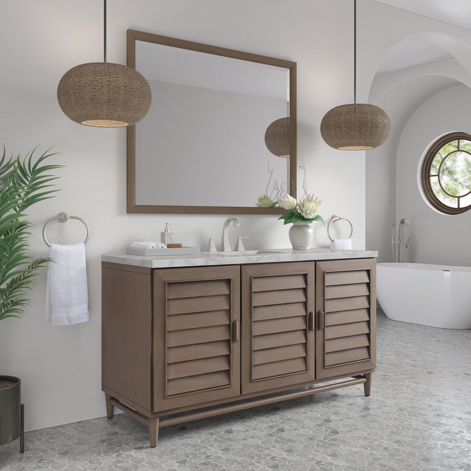 Renovate for Less Atlanta Portland 60" Single Vanity Whitewashed Walnut w/ 3 CM Victorian Silver Silestone Top w/FreePower Wireless Charger
