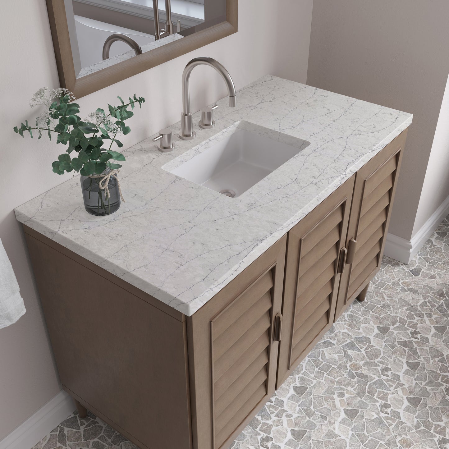 Renovate for Less Atlanta Portland 48" Single Vanity Whitewashed Walnut w/ 3 CM Eternal Jasmine Pearl Silestone Top w/FreePower Wireless Charger
