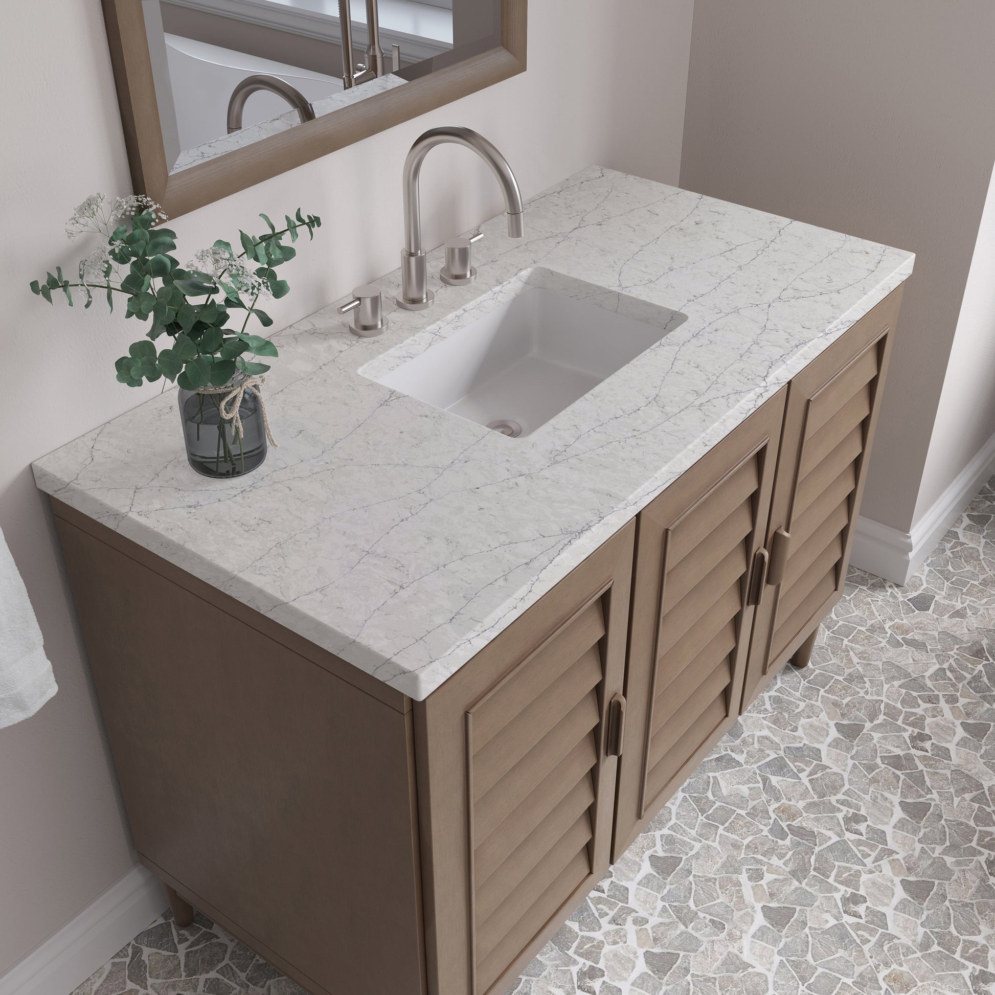 Renovate for Less Atlanta Portland 48" Single Vanity Whitewashed Walnut w/ 3 CM Eternal Jasmine Pearl Silestone Top w/FreePower Wireless Charger