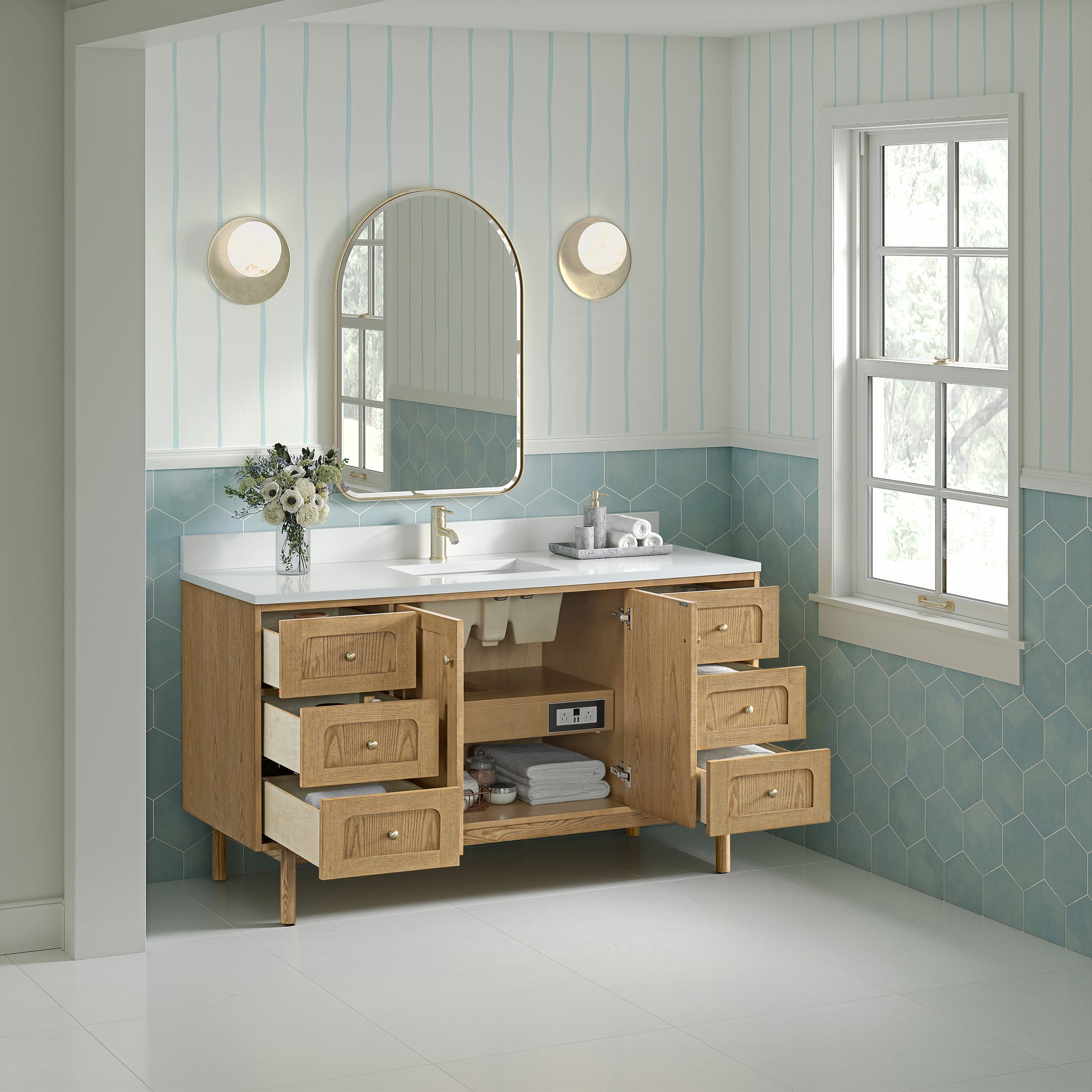 Renovate for Less Atlanta Laurent 60" Single Vanity, Light Natural Oak, w/ Single Hole 3 CM White Zeus Quartz Top & Backsplash