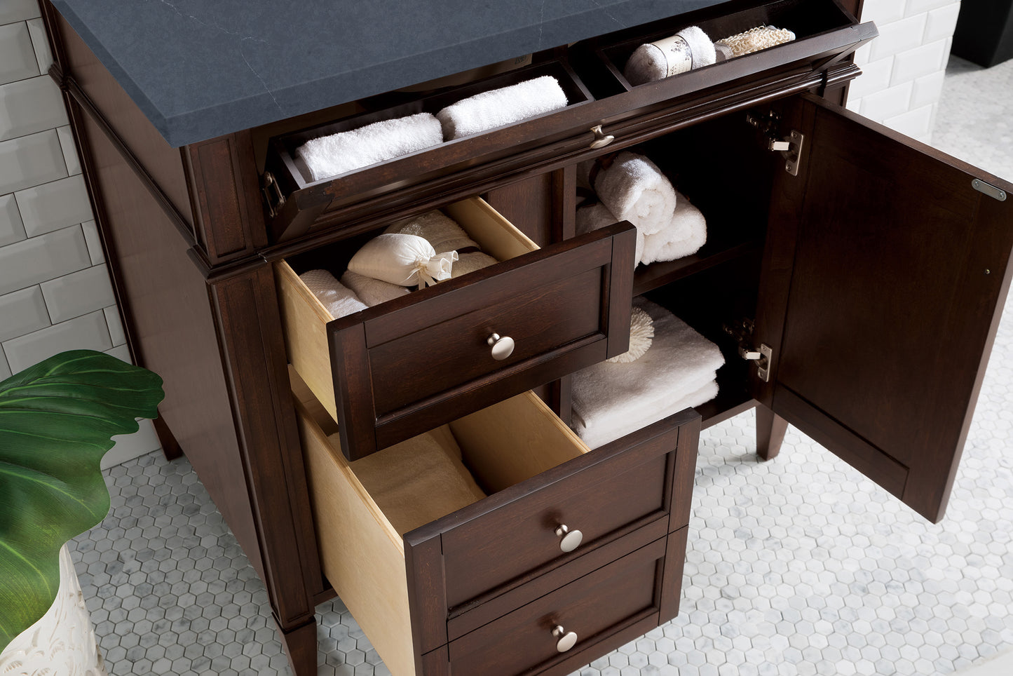 Renovate for Less Atlanta Brittany 36" Single Vanity, Burnished Mahogany w/ 3 CM Charcoal Soapstone Silestone Top