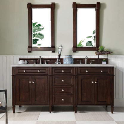 Brittany 72" Double Vanity, Burnished Mahogany w/ 3 CM Victorian Silver Silestone Top w/FreePower Wireless Charger
