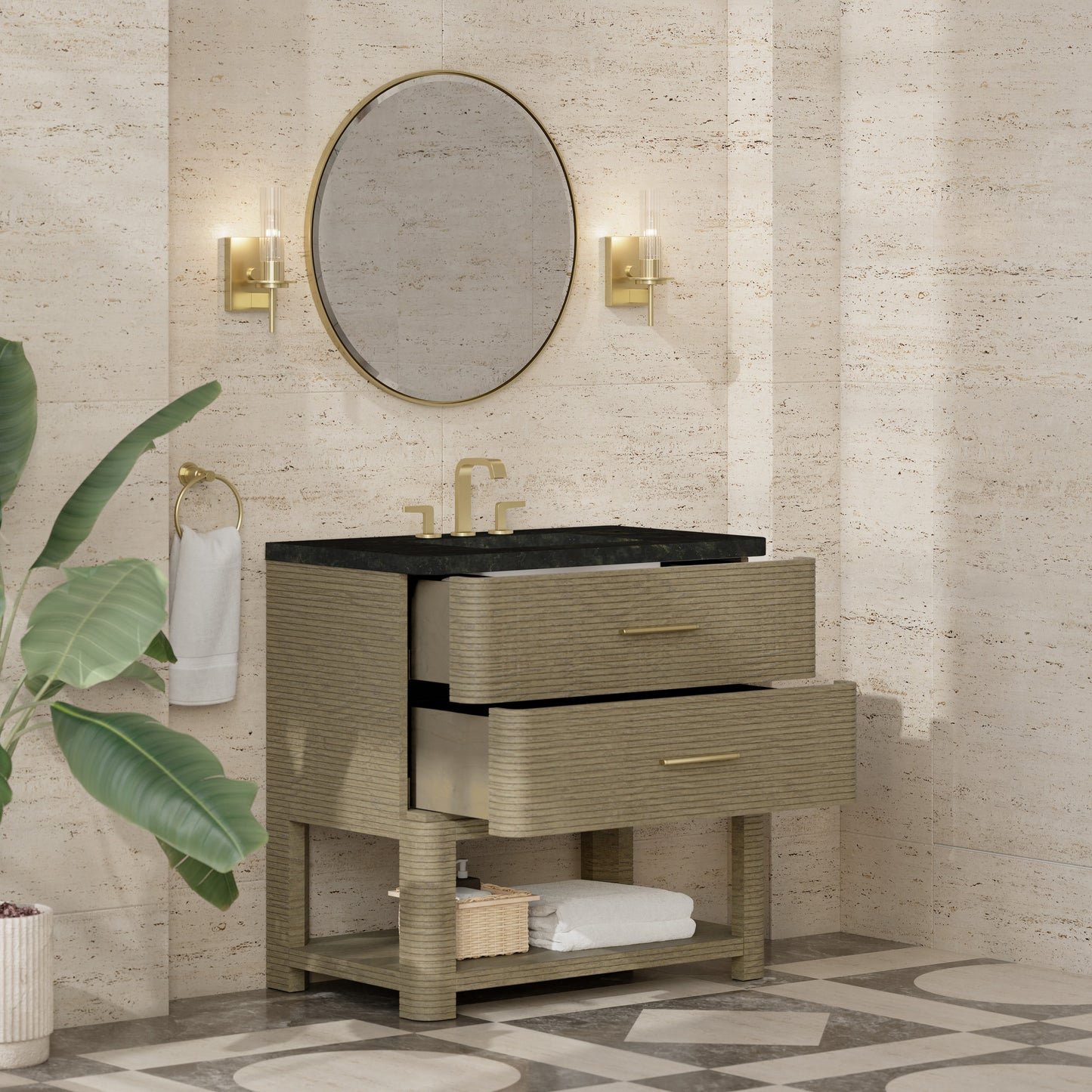 Renovate for Less Atlanta Lucian 36" Single Vanity, Pebble Oak, w/ 3 CM Phantome Eclos Widespread Top