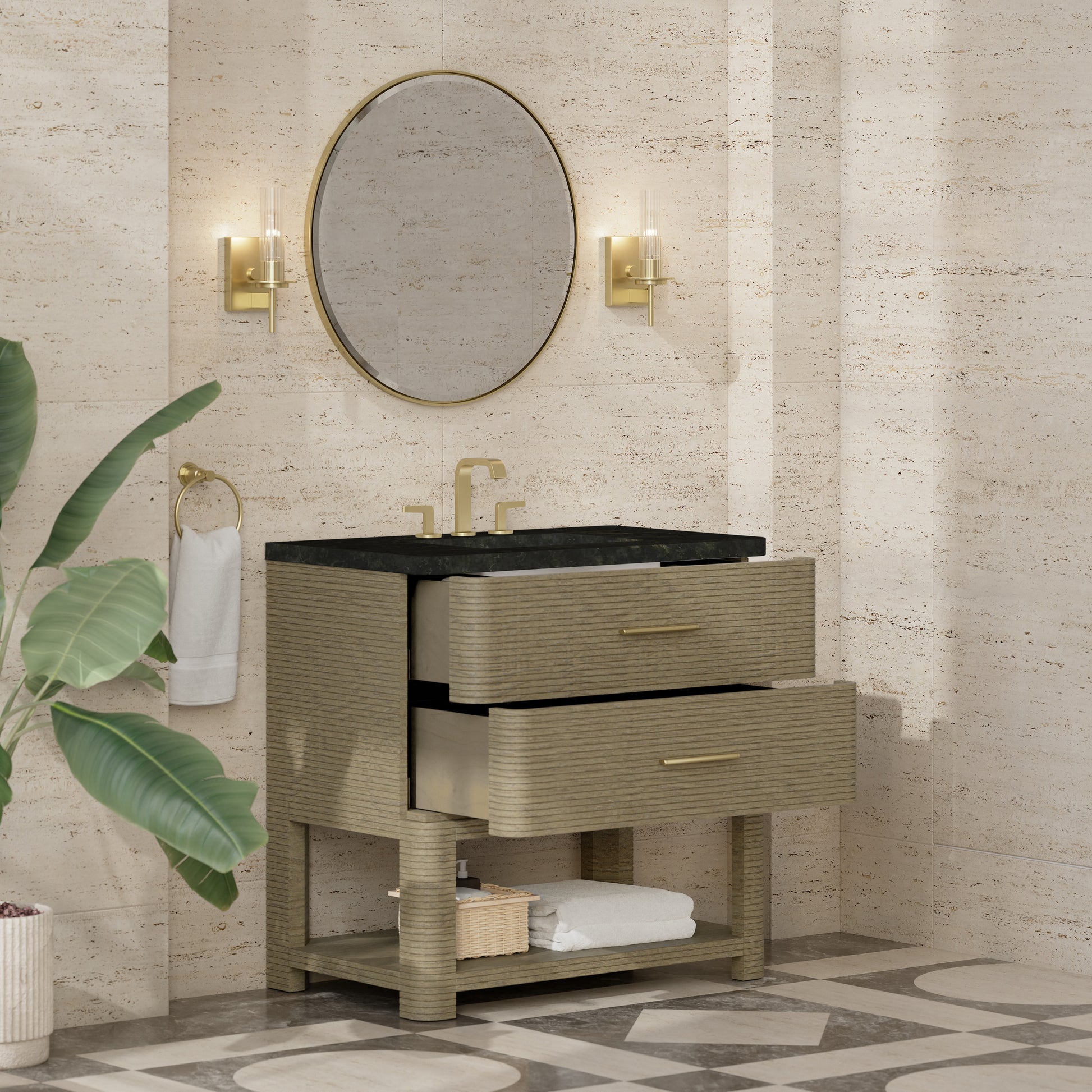 Renovate for Less Atlanta Lucian 36" Single Vanity, Pebble Oak, w/ 3 CM Phantome Eclos Widespread Top