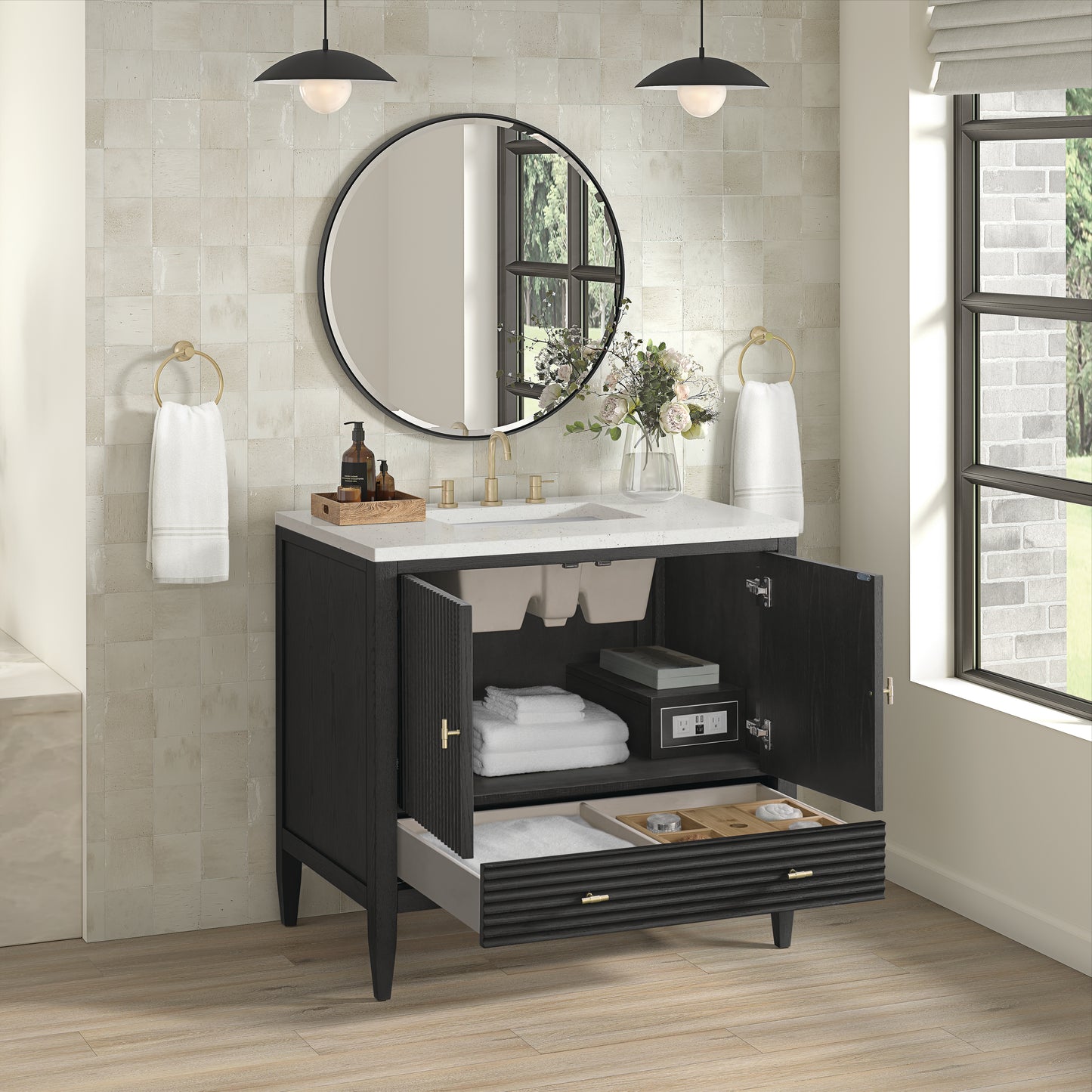 Renovate for Less Atlanta Myrrin 36" Vanity, Carbon Oak w/ 3 CM Lime Delight Silestone Top