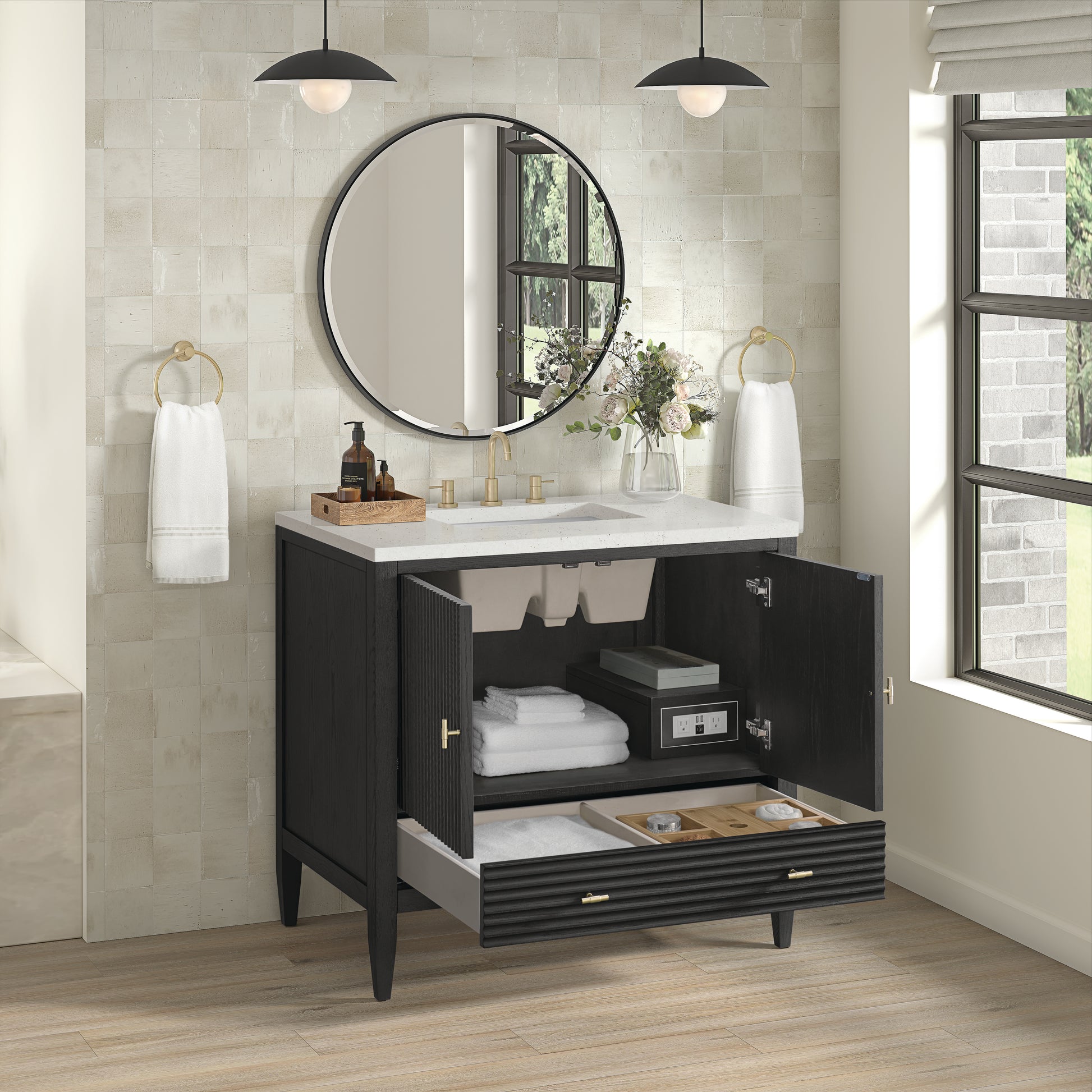 Renovate for Less Atlanta Myrrin 36" Vanity, Carbon Oak w/ 3 CM Lime Delight Silestone Top