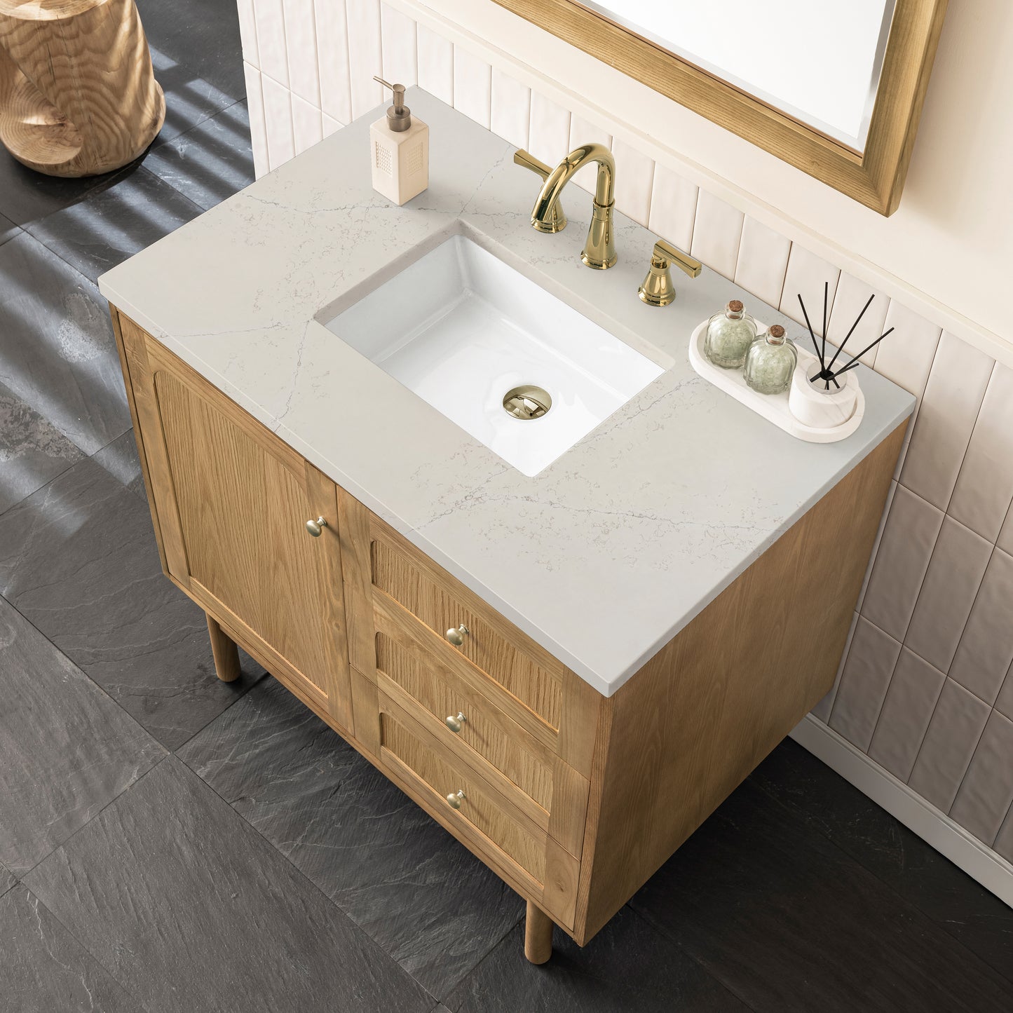 Renovate for Less Atlanta Laurent 36" Single Vanity, Light Natural Oak, w/ 3 CM Siberian Silestone Top