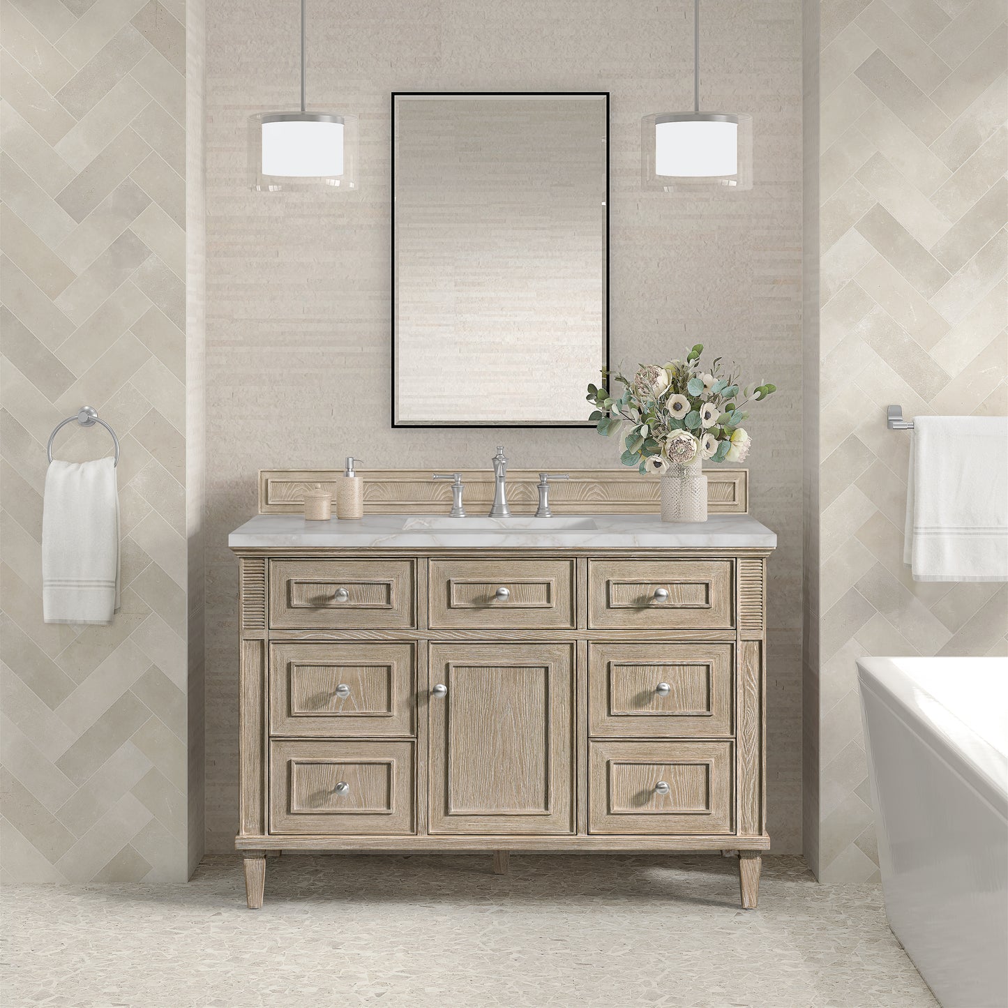 Renovate for Less Atlanta Lorelai 48" Single Vanity, Whitewashed Oak w/ 3 CM Victorian Silver Silestone Top w/FreePower Wireless Charger