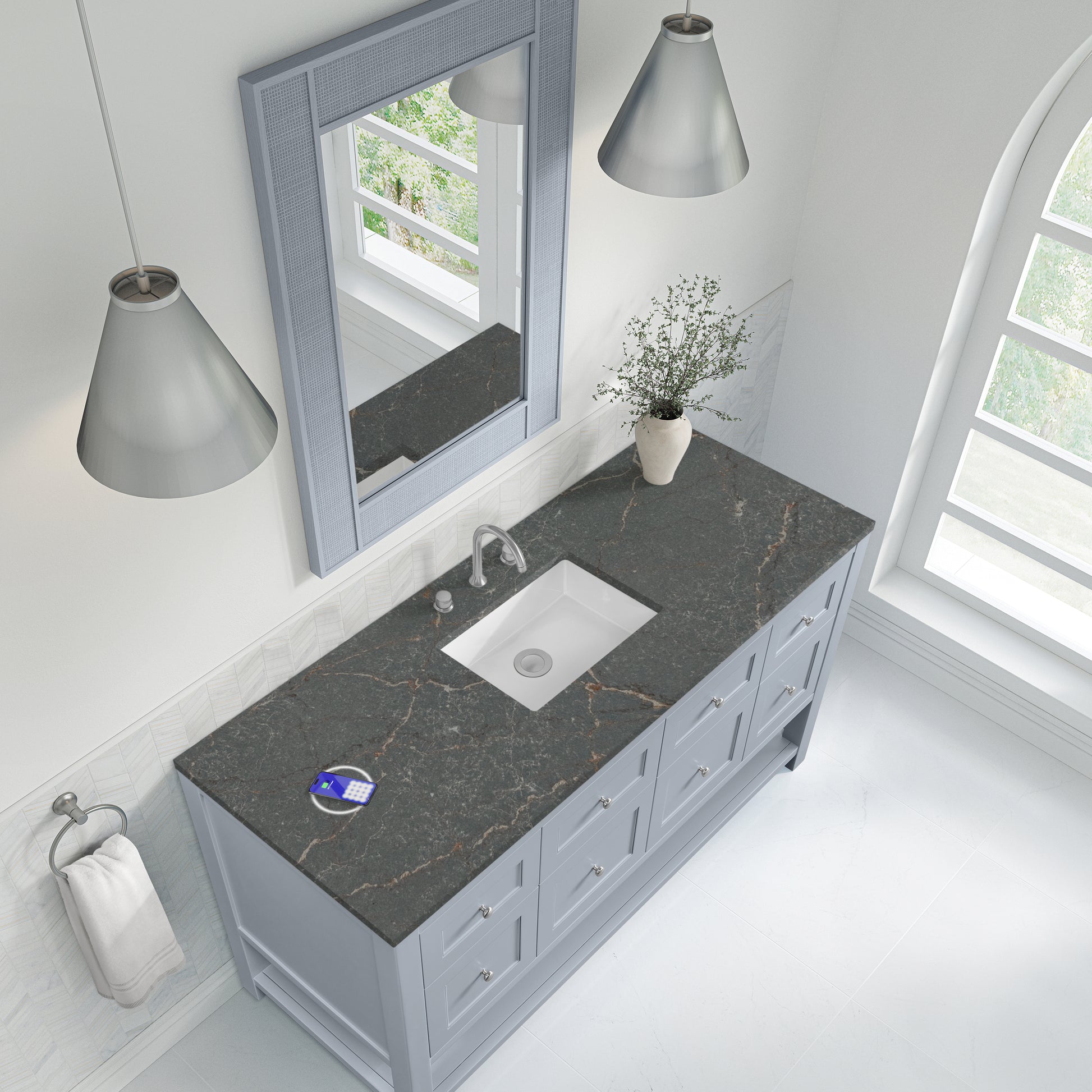 Renovate for Less Atlanta Breckenridge 60" Single Vanity, Serenity Blue w/ 3 CM Parisien Bleu Top w/ FreePower Wireless Charger