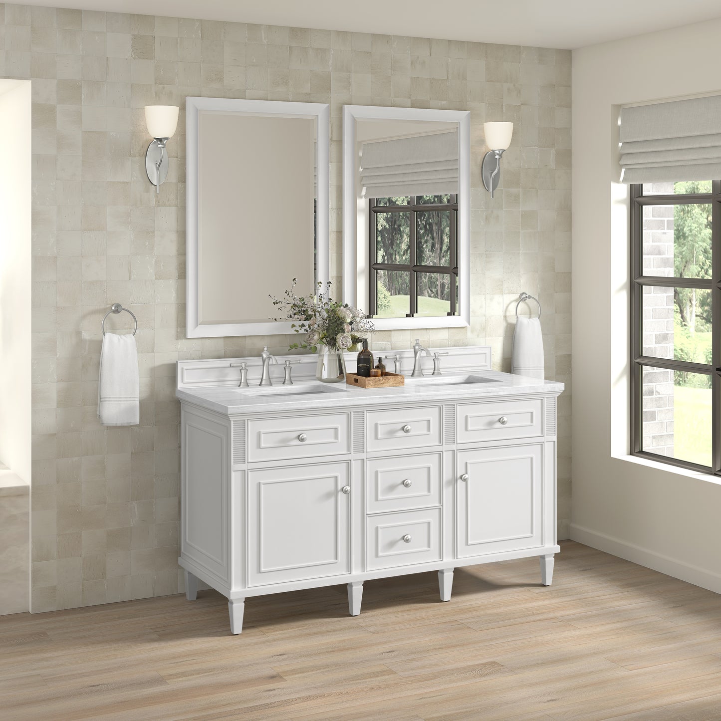 Renovate for Less Atlanta Lorelai 60" Double Vanity, Bright White w/ 3 CM White Zeus Silestone Top