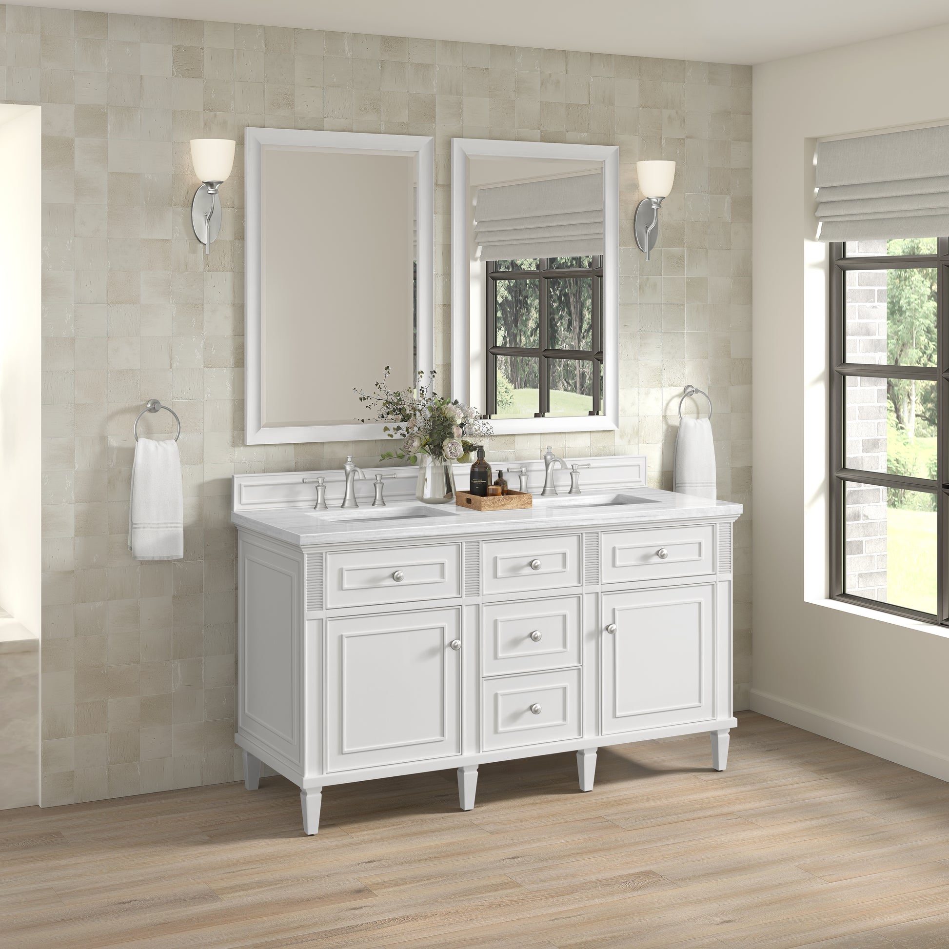 Renovate for Less Atlanta Lorelai 60" Double Vanity, Bright White w/ 3 CM White Zeus Silestone Top