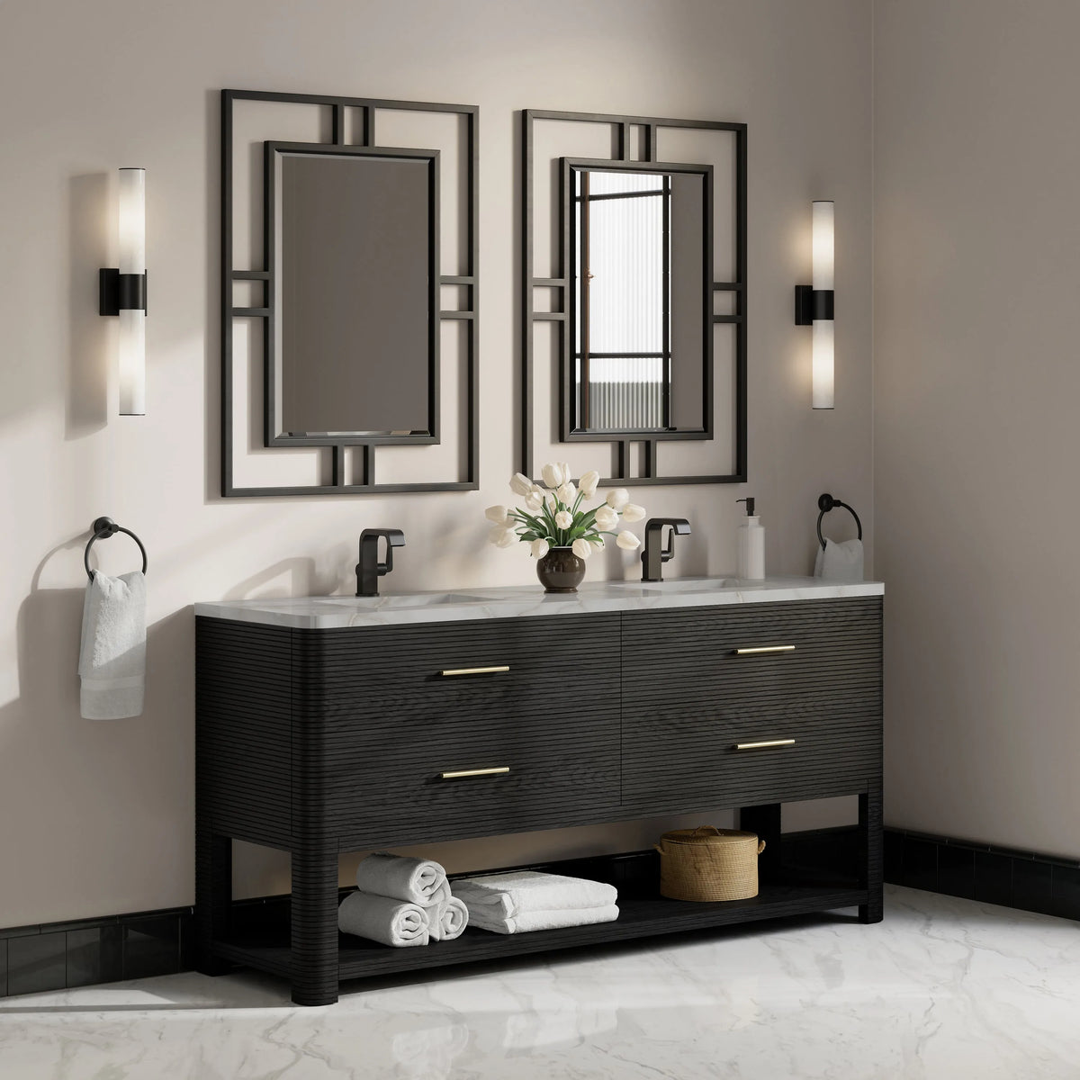 Lucian 72" Double Vanity, Carbon Oak w/ 3 CM Victorian Silver Silestone Top