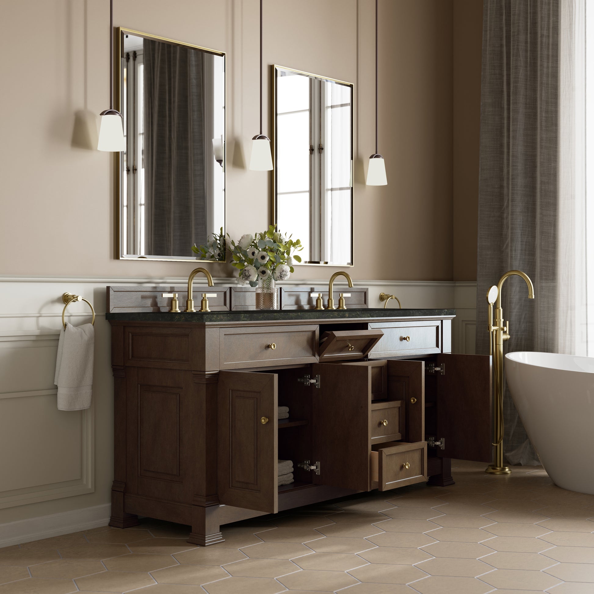 Renovate for Less Atlanta Brookfield 72" Double Vanity, Pecan, w/ 3 CM Phantome Eclos Top