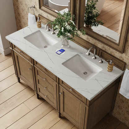 Renovate for Less Atlanta Brittany 60" Double Vanity, Saddle Brown w/ 3 CM Ethereal Noctis Silestone Top w/FreePower Wireless Charger