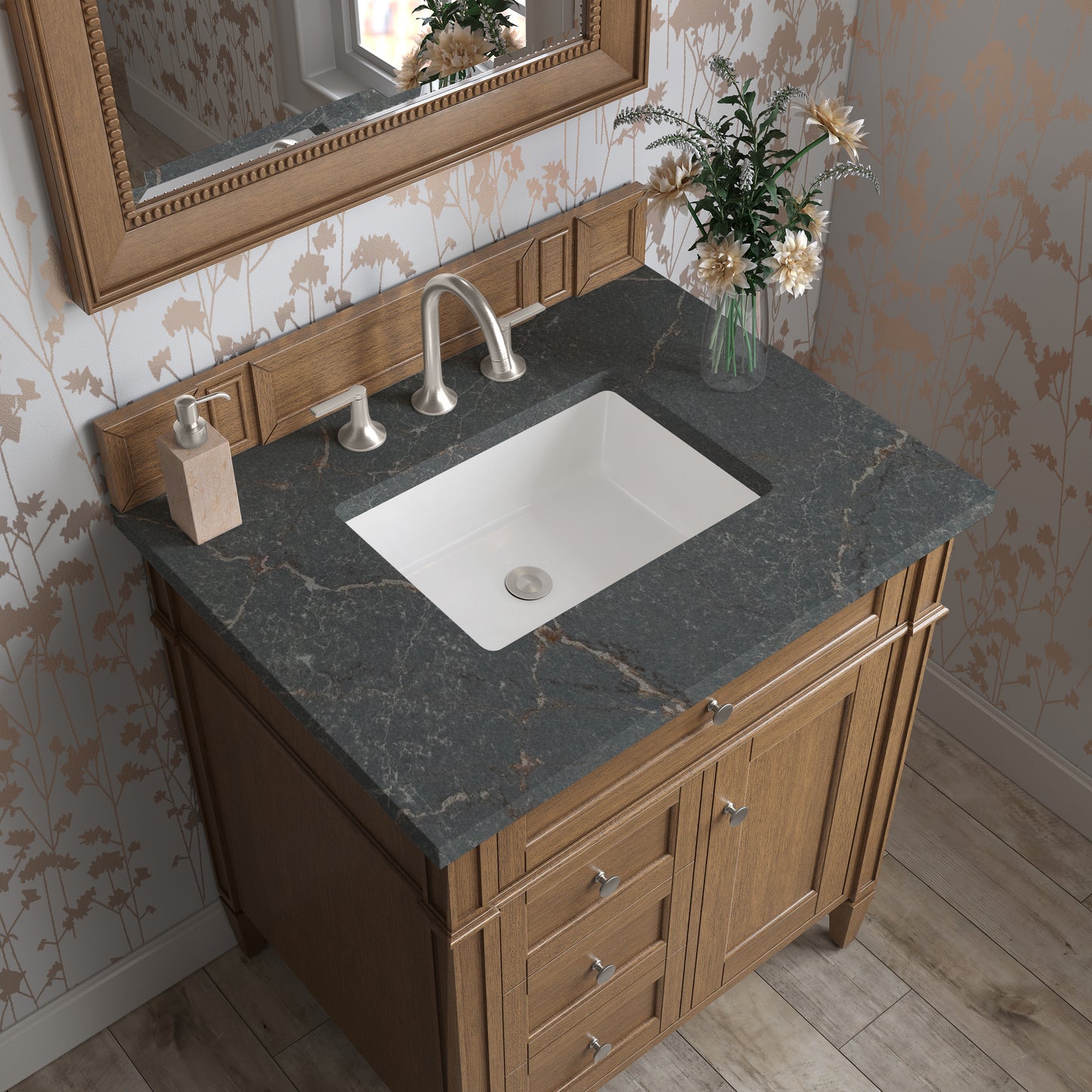 Renovate for Less Atlanta Brittany 30" Single Vanity, Saddle Brown, w/ 3 CM Parisien Bleu Silestone Top
