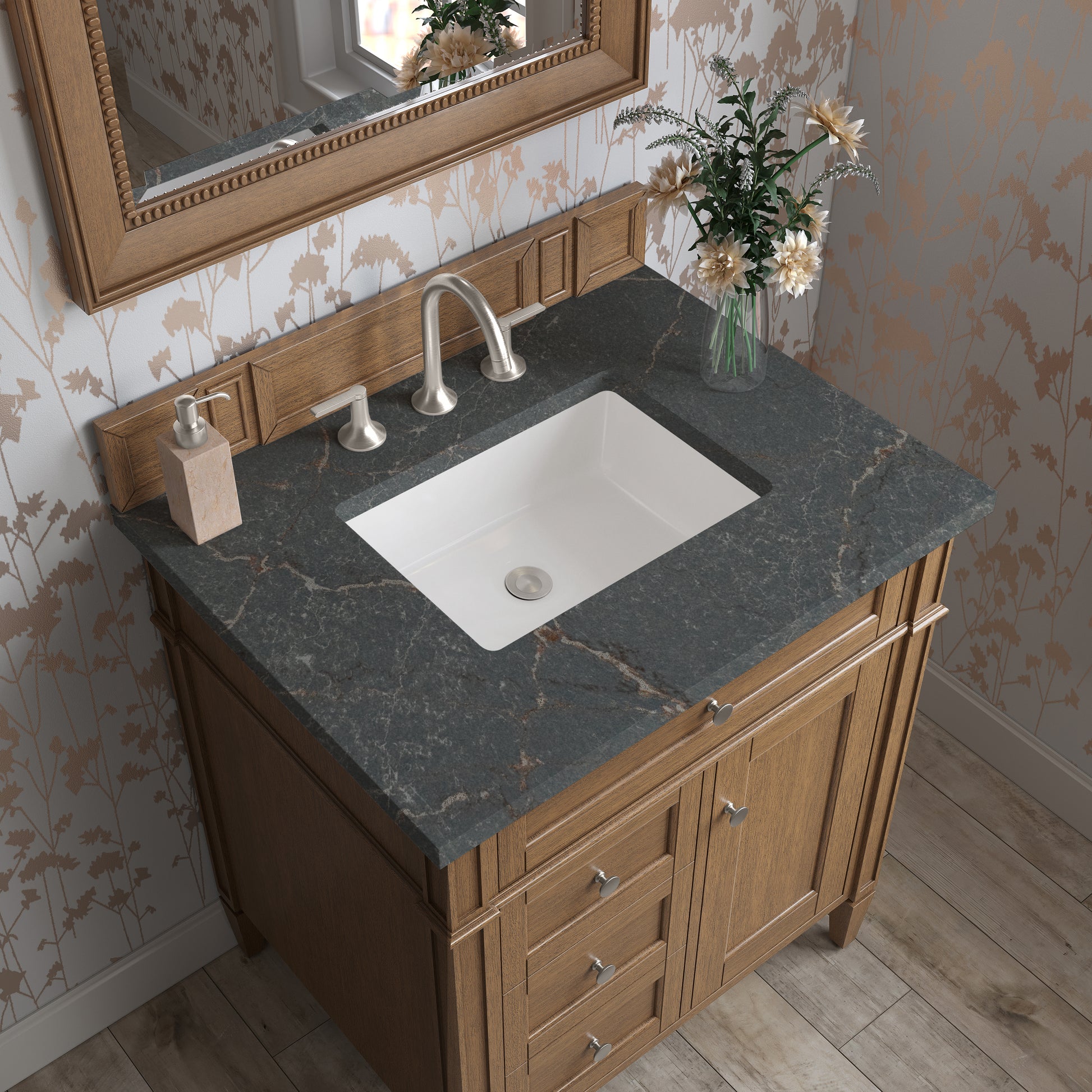 Renovate for Less Atlanta Brittany 30" Single Vanity, Saddle Brown, w/ 3 CM Parisien Bleu Silestone Top