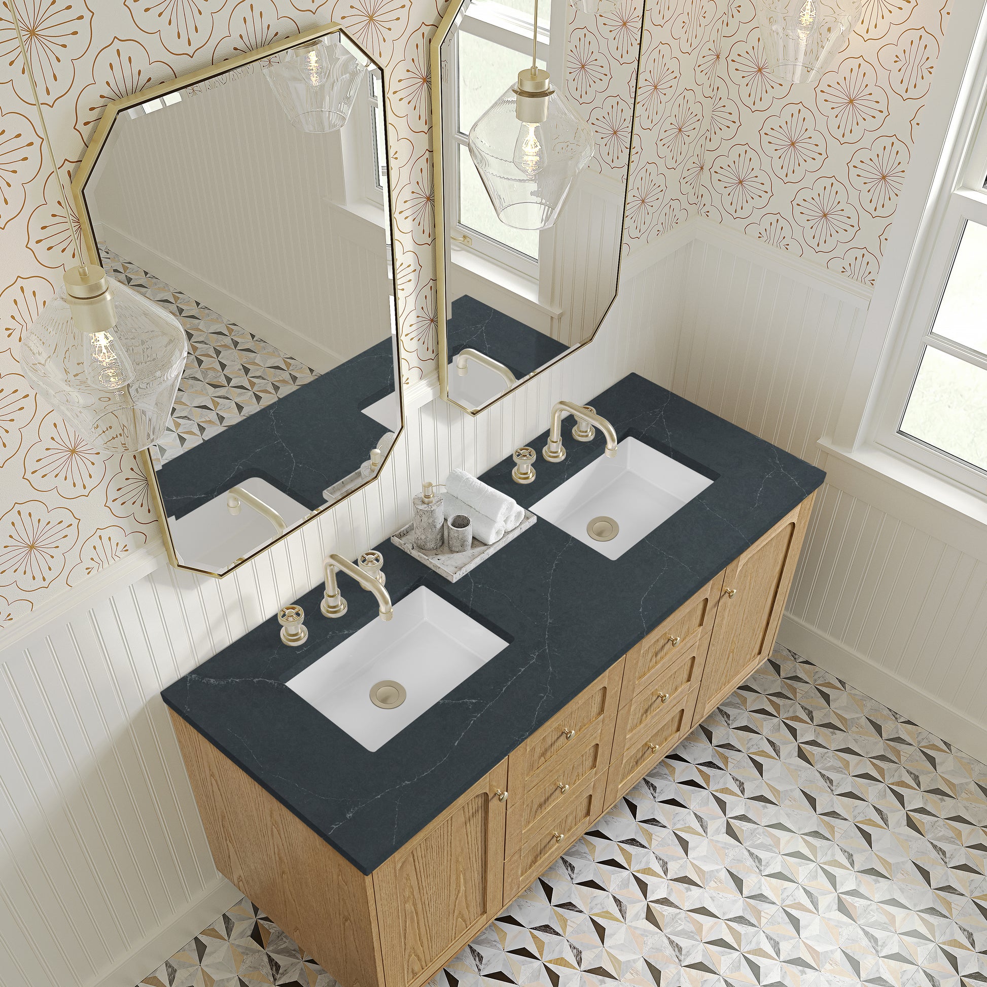Renovate for Less Atlanta Laurent 60" Double Vanity, Light Natural Oak, w/ 3 CM Charcoal Soapstone Quartz Top