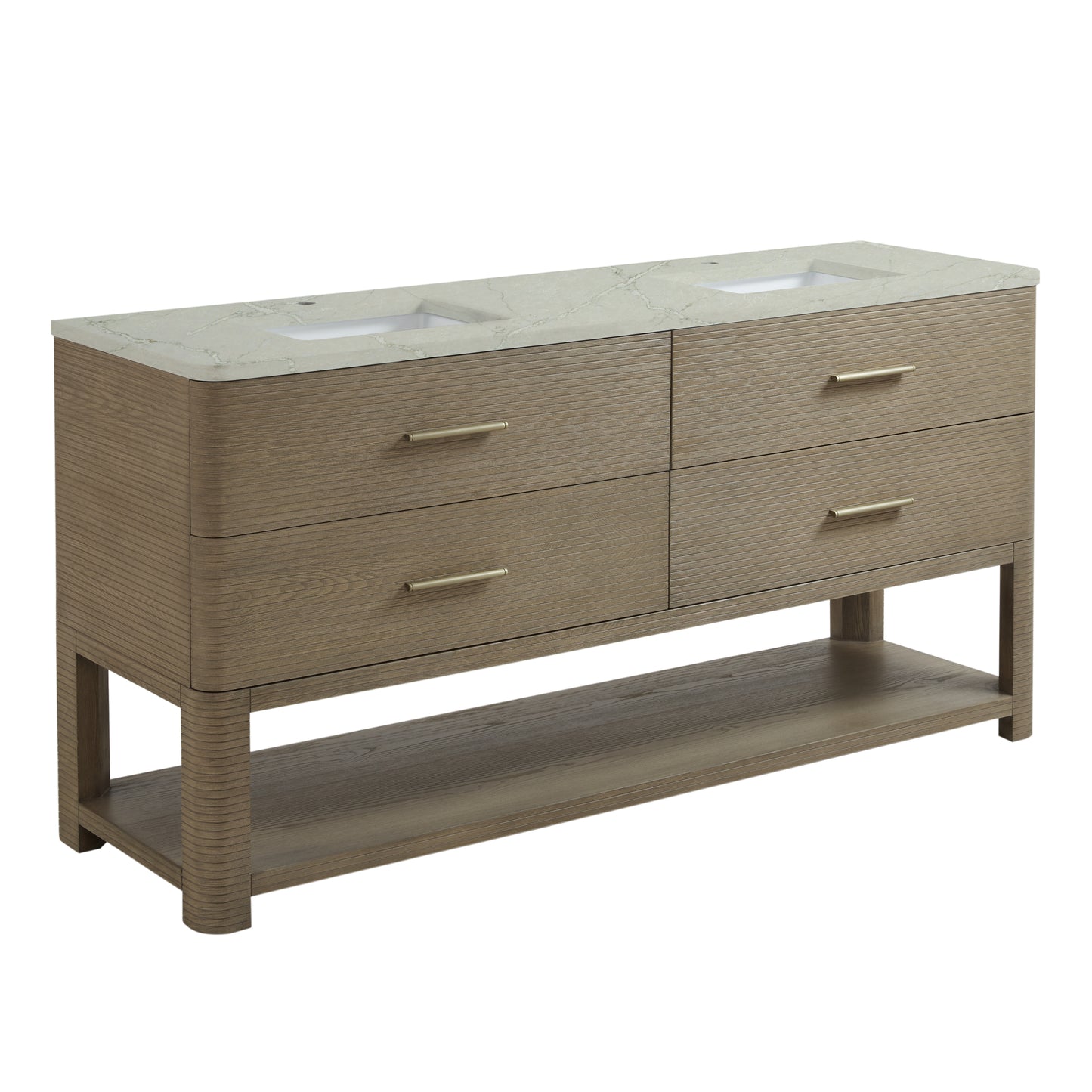 Renovate for Less Atlanta Lucian 72" Double Vanity, Pebble Oak w/ 3 CM Victorian Silver Silestone Top w/FreePower Wireless Charger