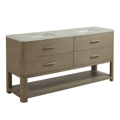 Renovate for Less Atlanta Lucian 72" Double Vanity, Pebble Oak w/ 3 CM Victorian Silver Silestone Top w/FreePower Wireless Charger