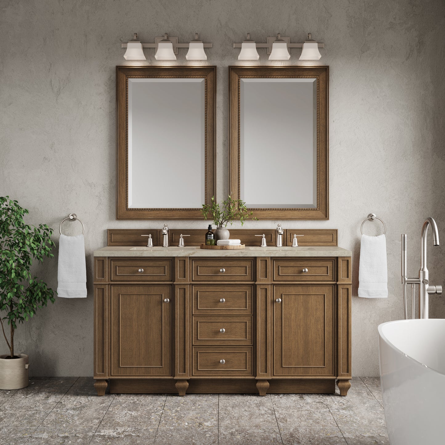 Renovate for Less Atlanta Bristol 60" Double Vanity, Saddle Brown, w/ 3 CM Tajnar Eclos Top