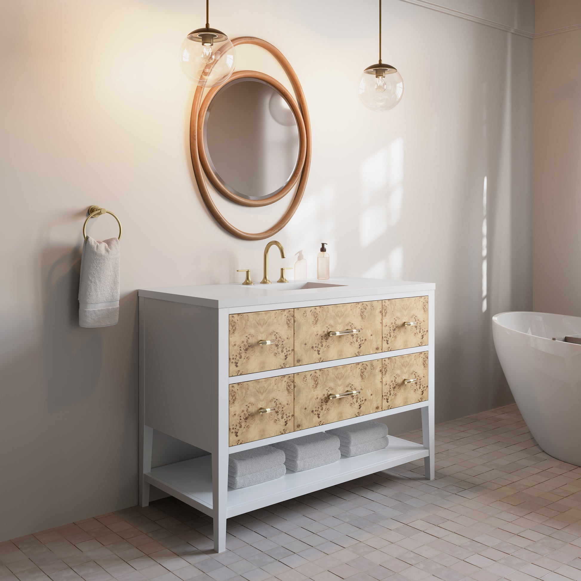 Renovate for Less Atlanta Olena 48" Single Vanity, Light Mappa Burl and Polished White w/ 3 CM White Zeus Silestone Top