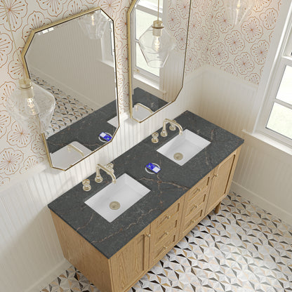 Renovate for Less Atlanta Laurent 60" Double Vanity, Light Natural Oak, w/ 3 CM Parisien Bleu Quartz Top w/FreePower Wireless Charger