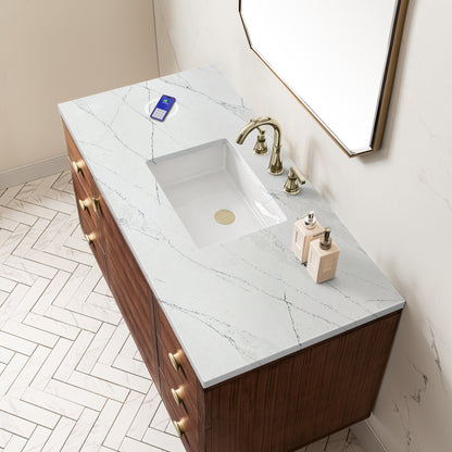 Renovate for Less Atlanta Amberly 48" Single Vanity, Mid-Century Walnut w/ 3 CM Ethereal Noctis Top w/FreePower Wireless Charger