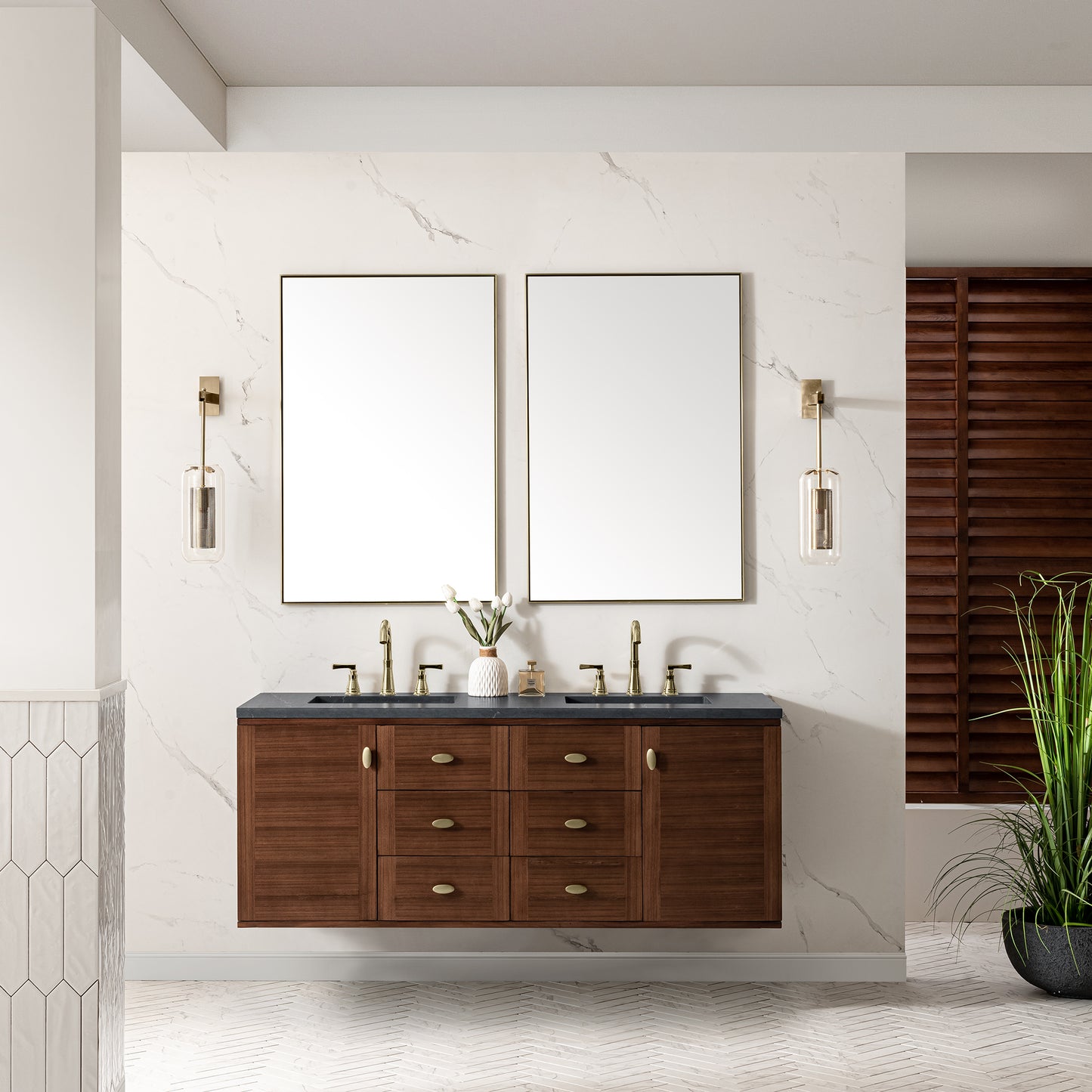 Renovate for Less Atlanta Amberly 60" Double Vanity, Mid-Century Walnut w/ 3 CM Charcoal Soapstone Top