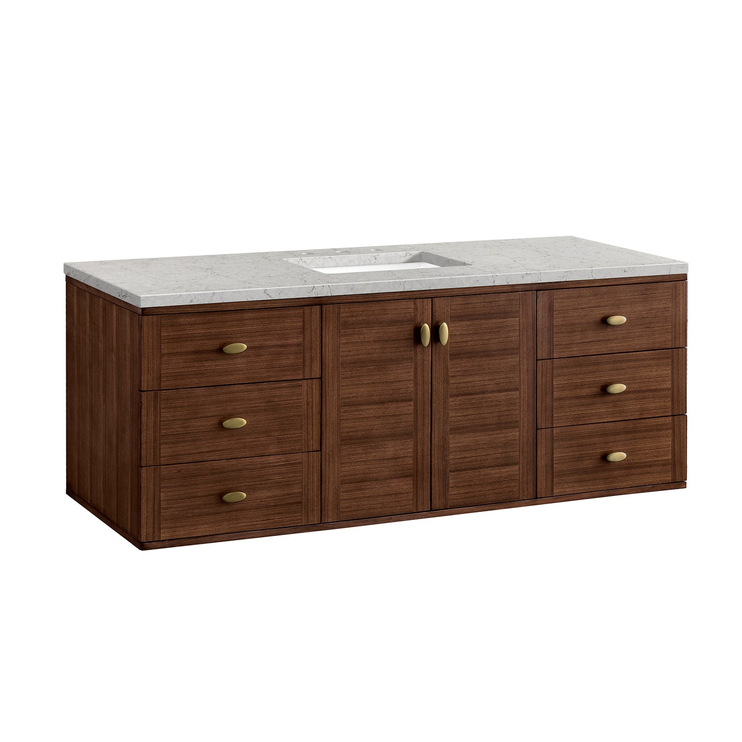 Renovate for Less Atlanta Amberly 60" Single Vanity, Mid-Century Walnut w/ 3 CM Eternal Jasmine Pearl Top w/FreePower Wireless Charger