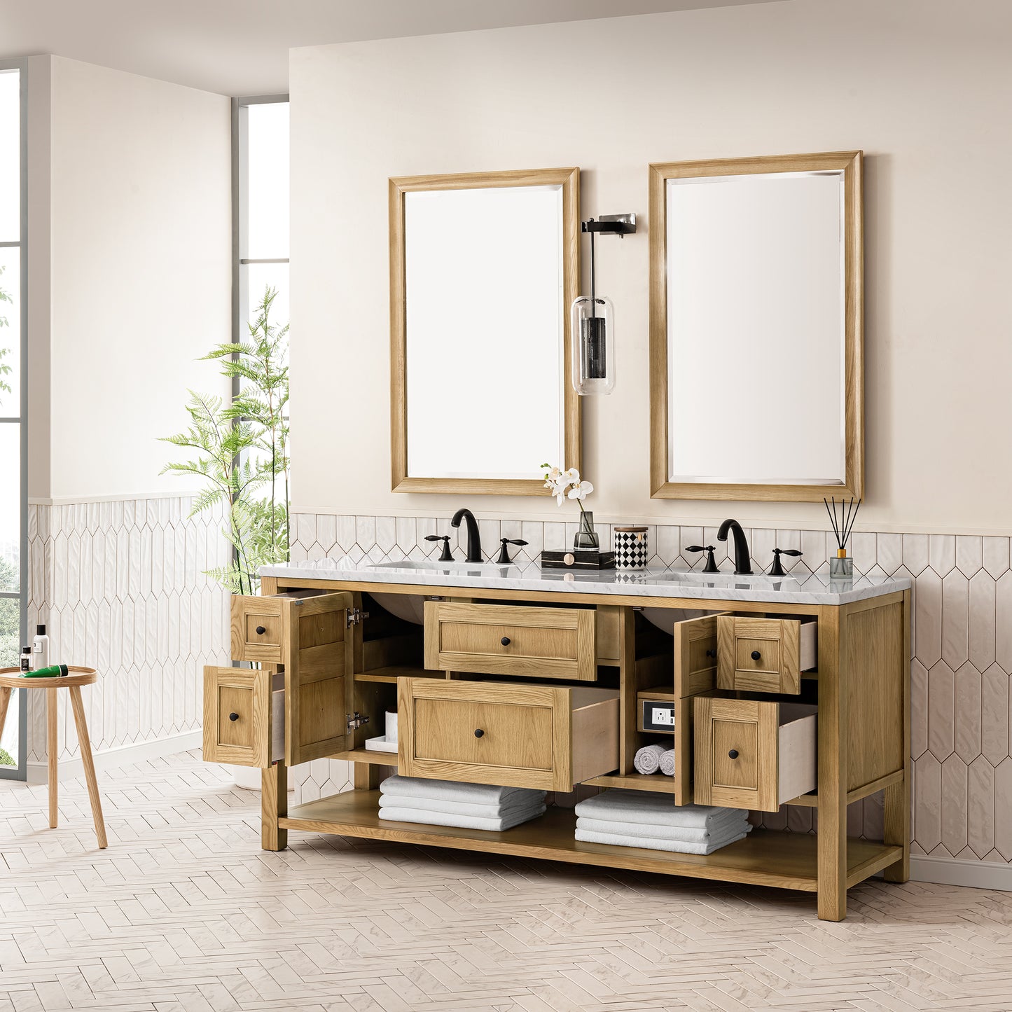 Renovate for Less Atlanta Breckenridge 72" Double Vanity, Light Natural Oak w/ 3 CM Carrara Marble Top