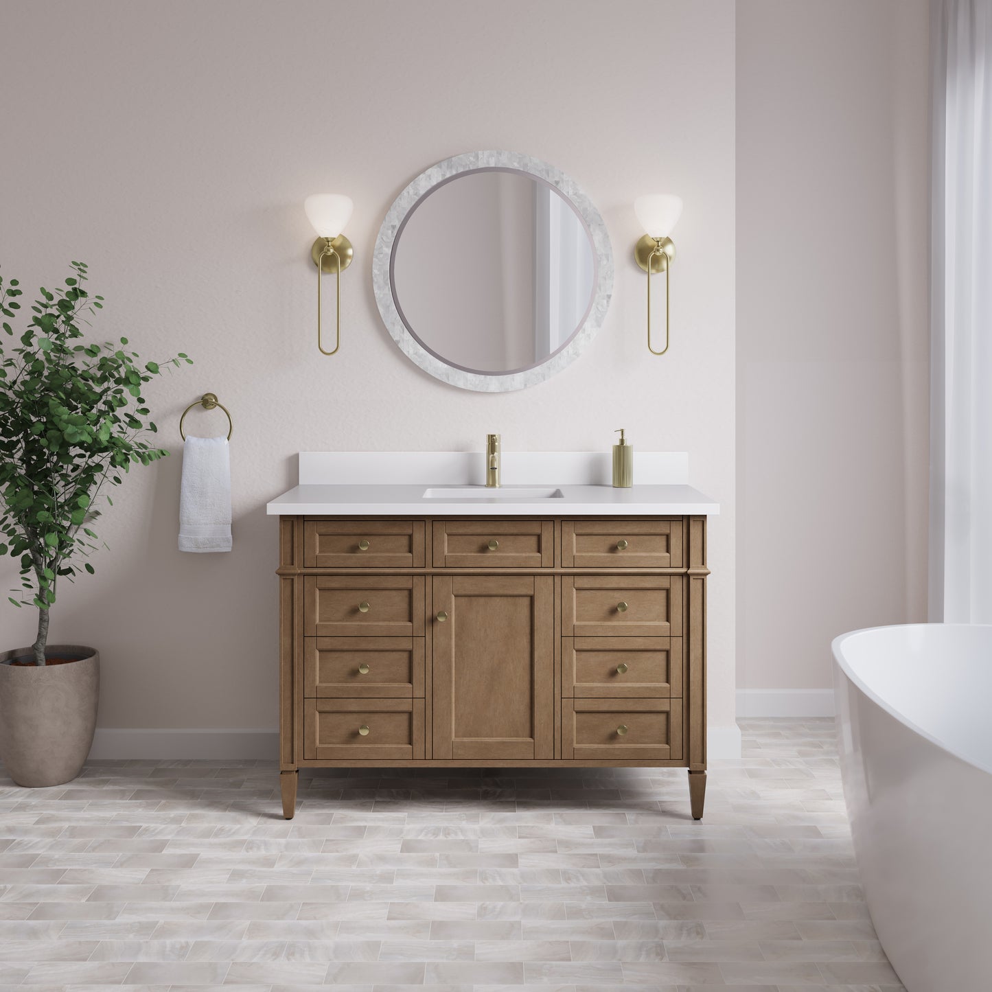 Renovate for Less Atlanta Brittany 48" Single Vanity, Pecan w/ Single Hole 3 CM White Zeus Silestone Top and Matching Backsplash