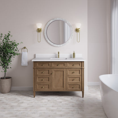 Renovate for Less Atlanta Brittany 48" Single Vanity, Pecan w/ Single Hole 3 CM White Zeus Silestone Top and Matching Backsplash