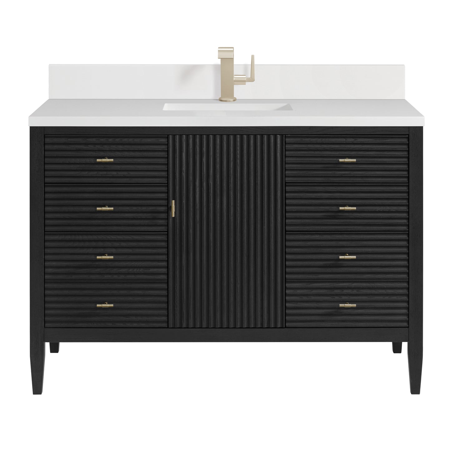 Renovate for Less Atlanta Myrrin 48" Vanity, Carbon Oak w/ Single Hole 3 CM White Zeus Silestone Top & Backsplash