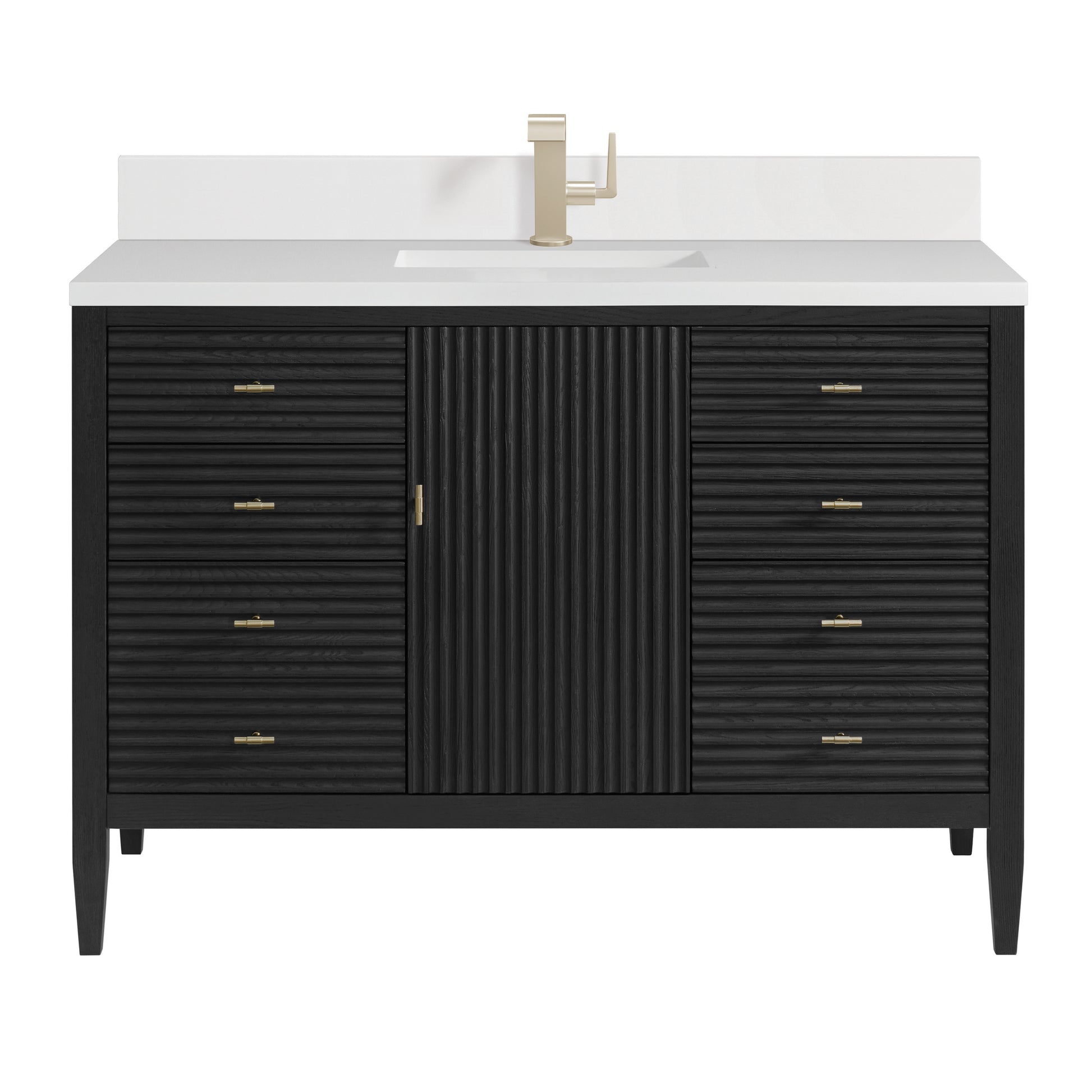 Renovate for Less Atlanta Myrrin 48" Vanity, Carbon Oak w/ Single Hole 3 CM White Zeus Silestone Top & Backsplash